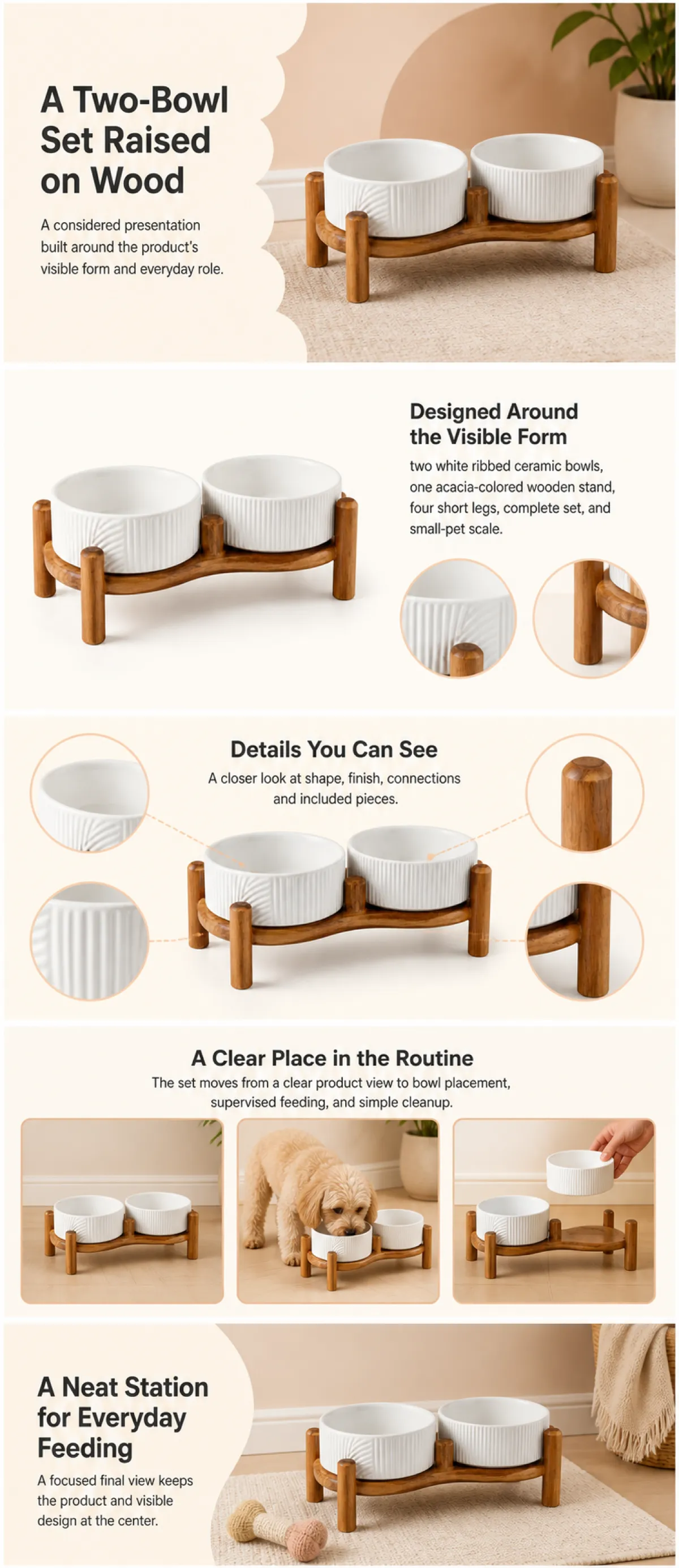 Two-Bowl Set Raised on Wooden Stand for Pets｜AI Image Generation Prompts