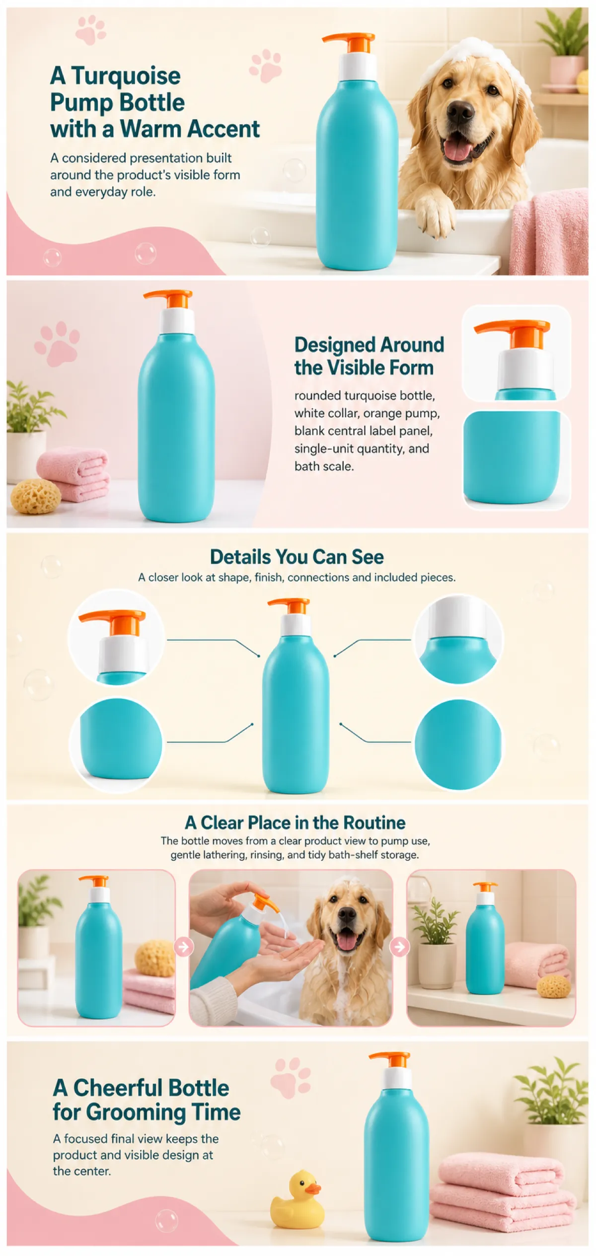 Turquoise Pump Bottle Design for Pet Grooming｜AI Image Generation Prompts