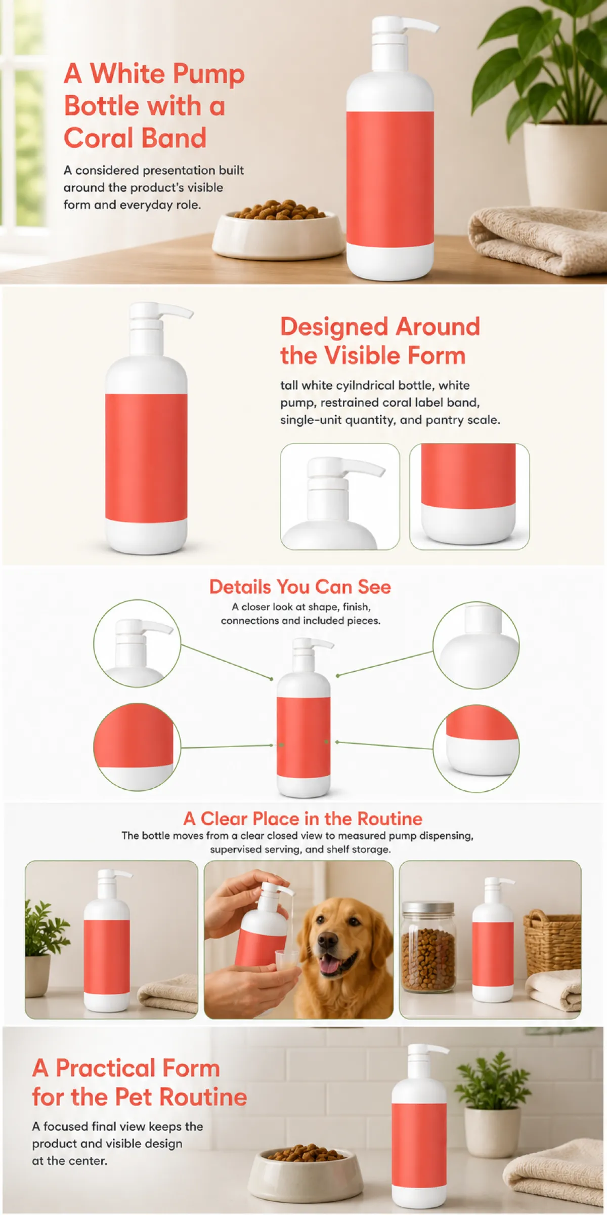 White Pump Bottle with Coral Band for Pet Routine｜AI Image Generation Prompts