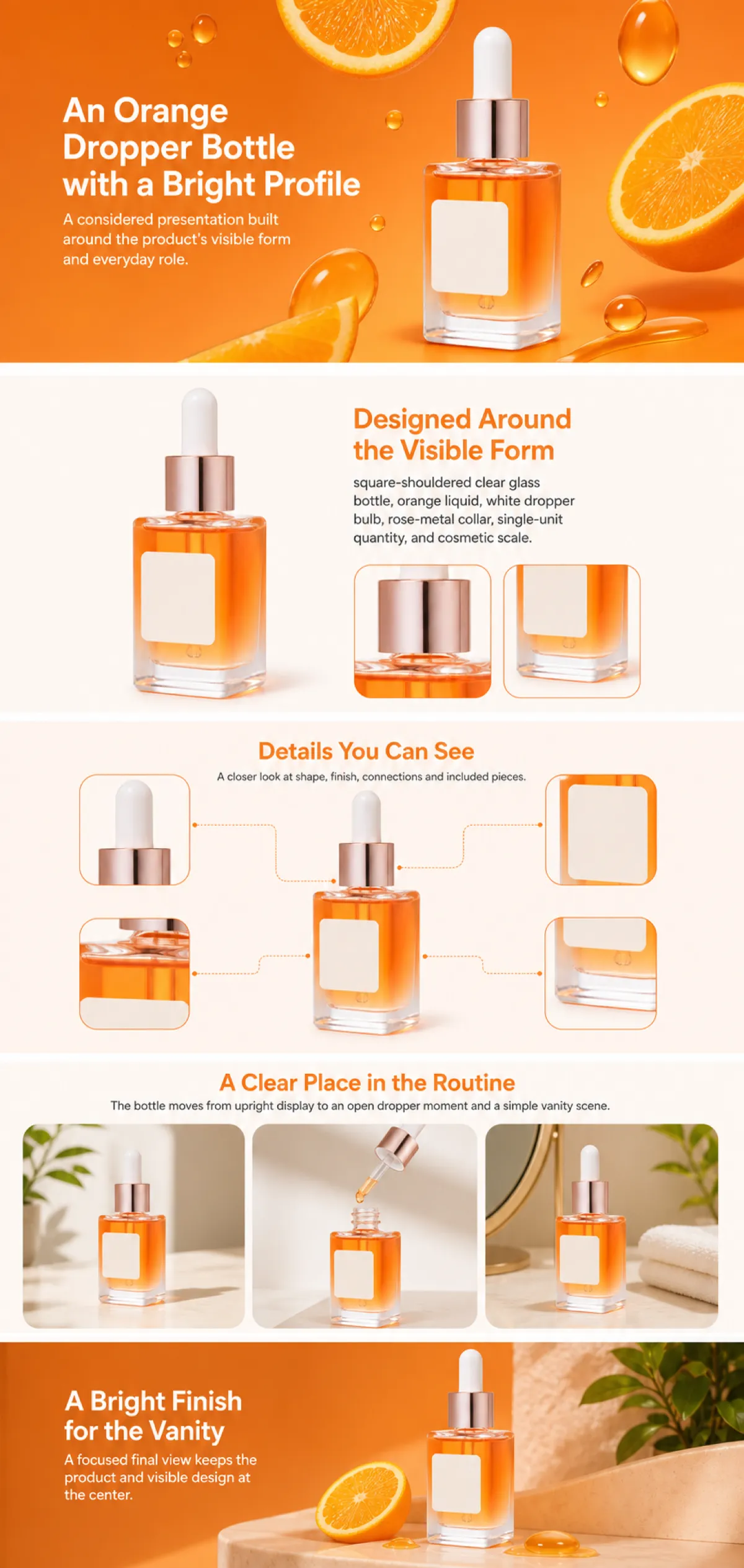 Orange Dropper Bottle Product Presentation｜AI Image Generation Prompts