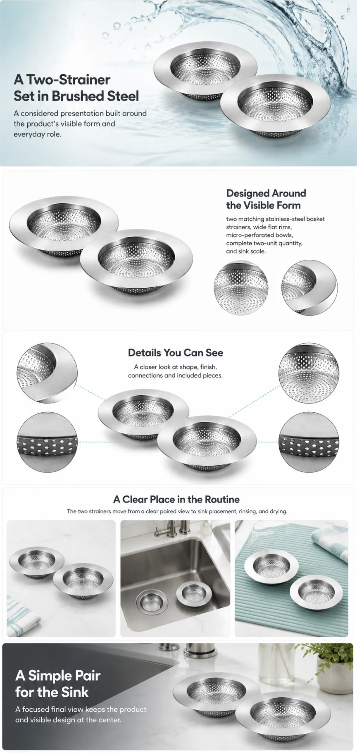 Two-Strainer Set in Brushed Steel for Kitchen Sink｜AI Image Generation Prompts