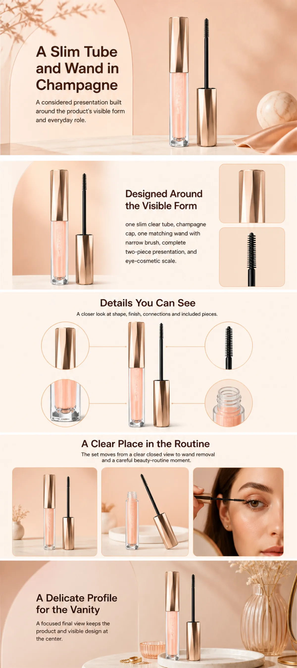 Slim Champagne Mascara Tube and Wand Design｜AI Image Generation Prompts