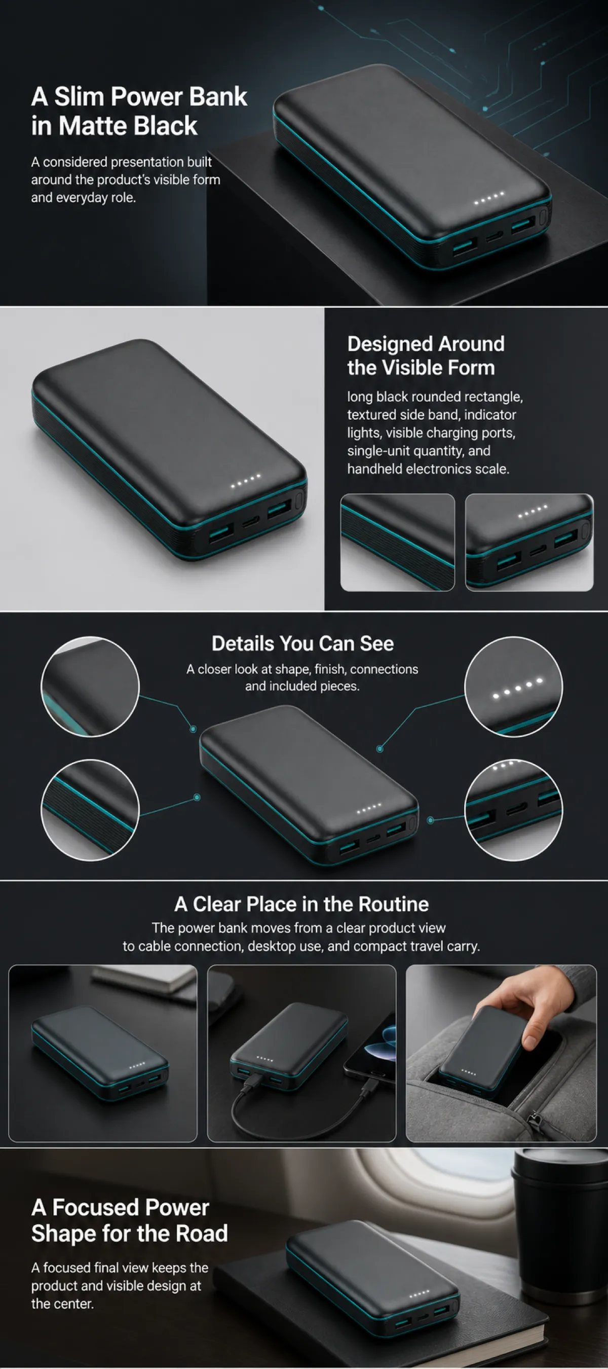 Slim Matte Black Power Bank Design Details｜AI Image Generation Prompts