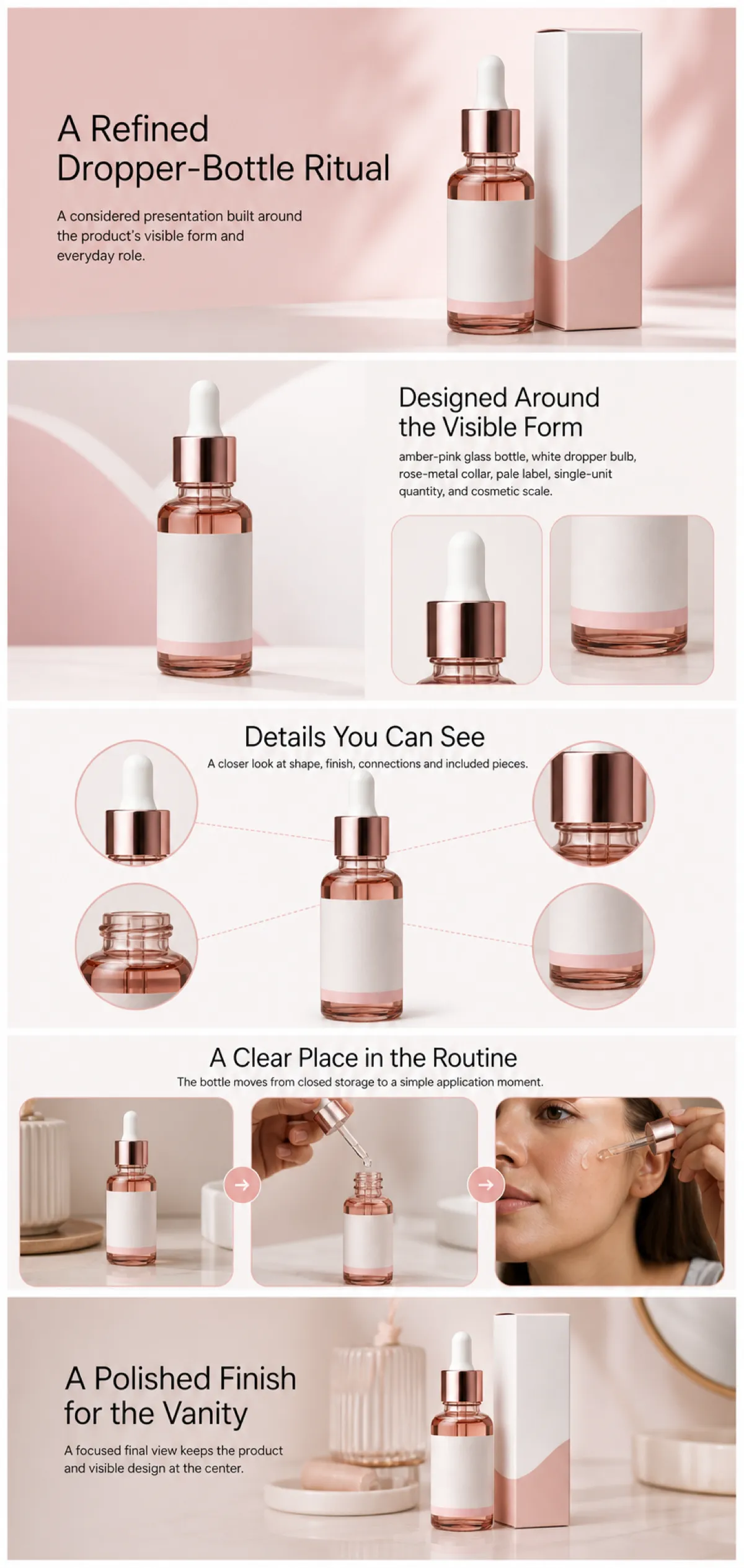 Refined Amber-Pink Glass Dropper Bottle Design｜AI Image Generation Prompts