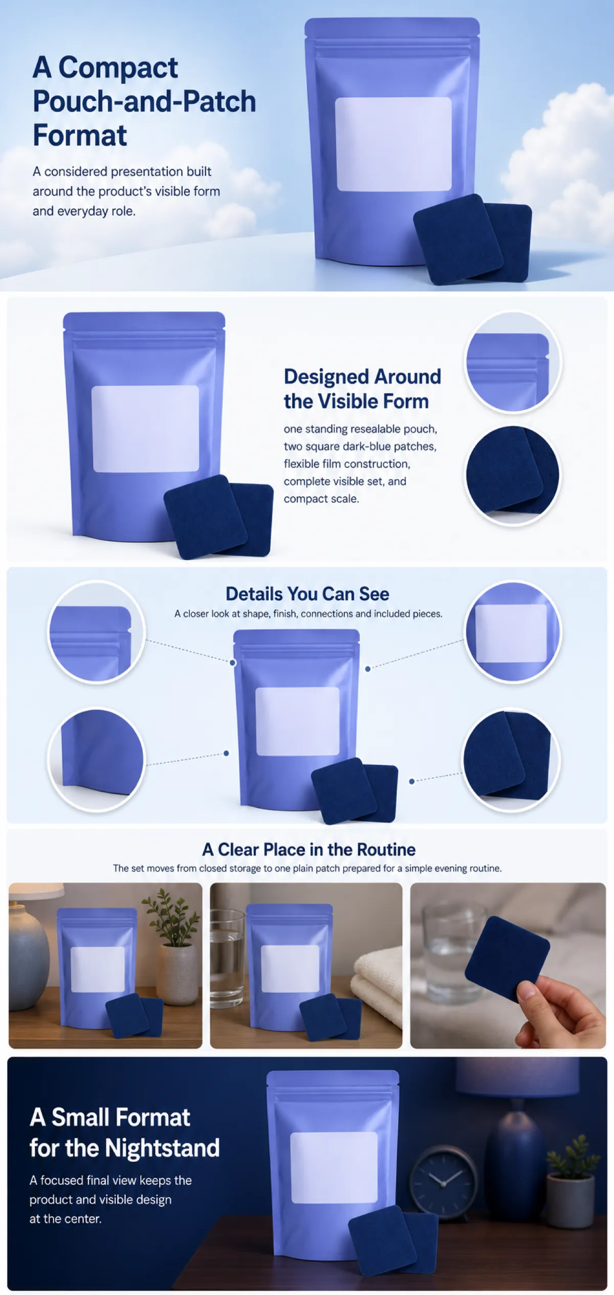 Compact Blue Pouch and Patch Format Presentation｜AI Image Generation Prompts