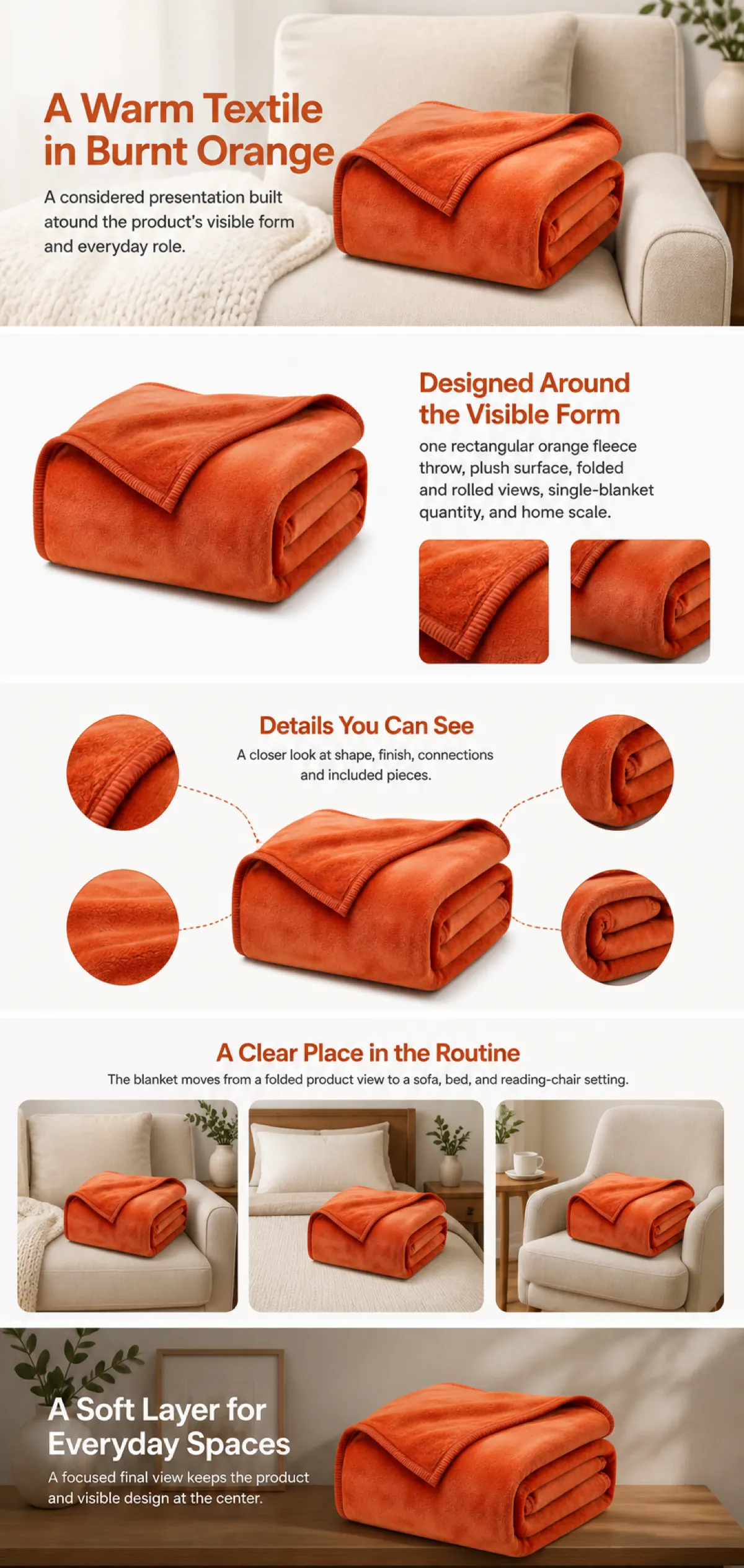 Burnt Orange Fleece Throw Blanket Design Details｜AI Image Generation Prompts