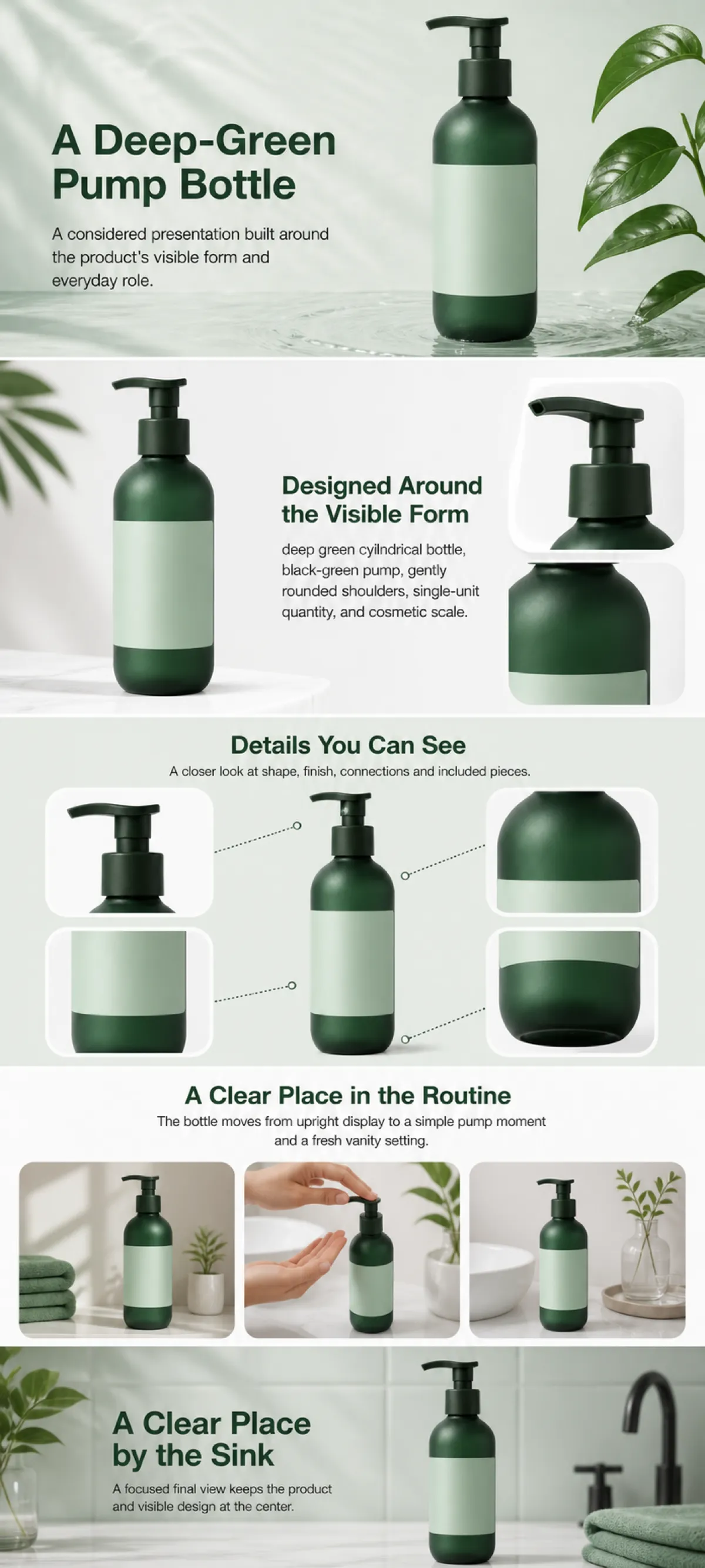 Deep Green Cylindrical Pump Bottle Design｜AI Image Generation Prompts