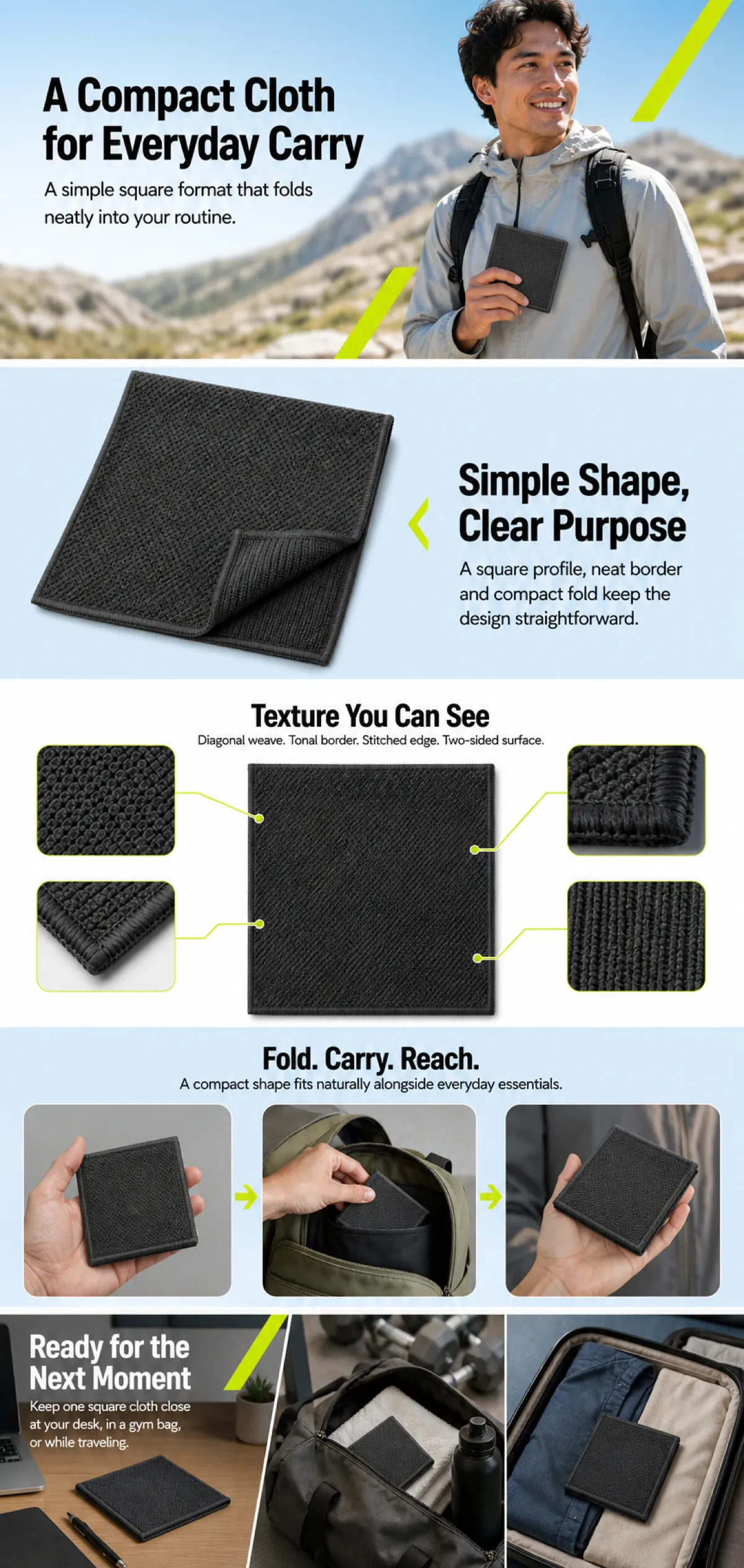 Compact Black Square Cloth for Everyday Carry｜AI Image Generation Prompts