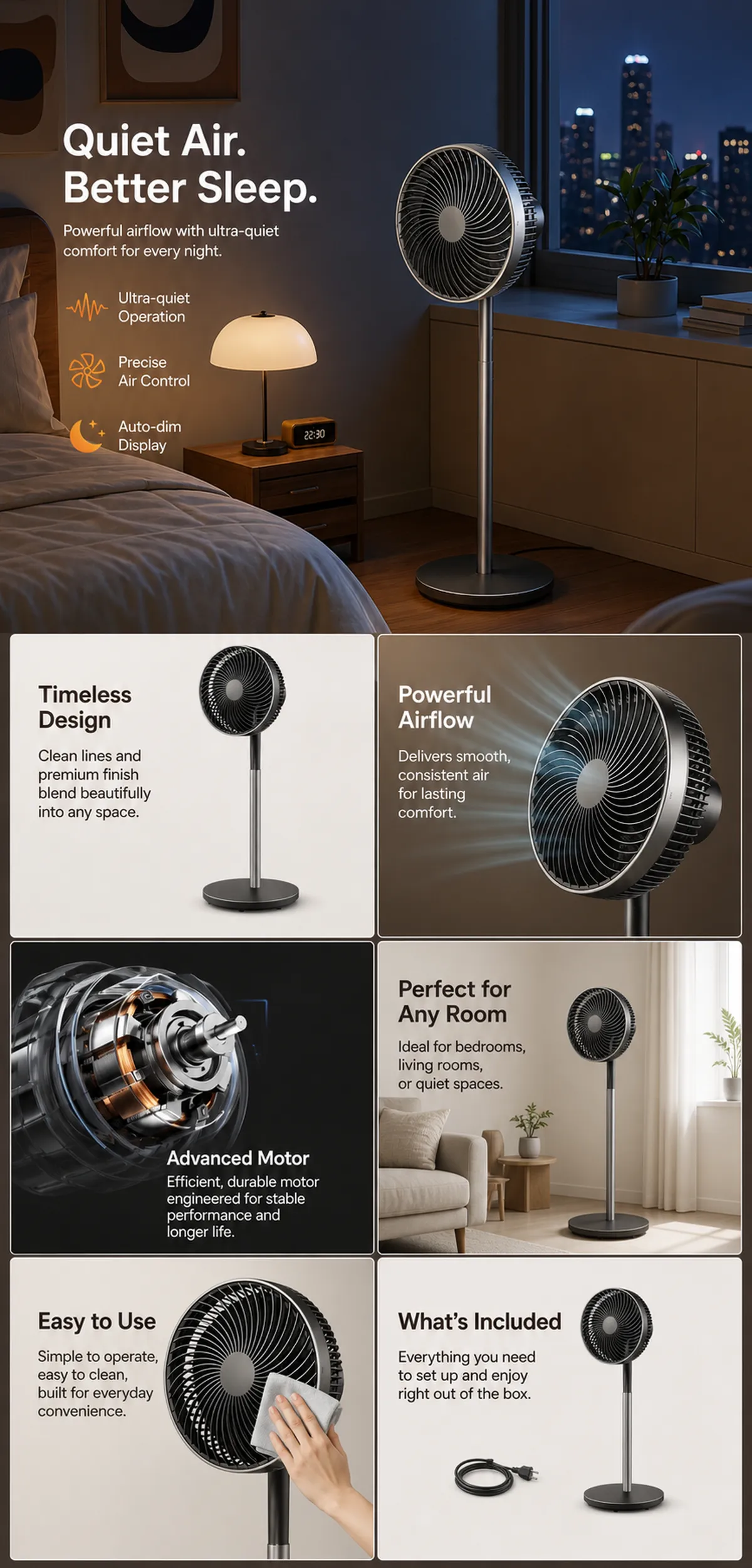 Quiet Standing Fan for Better Sleep and Powerful Airflow｜AI Image Generation Prompts