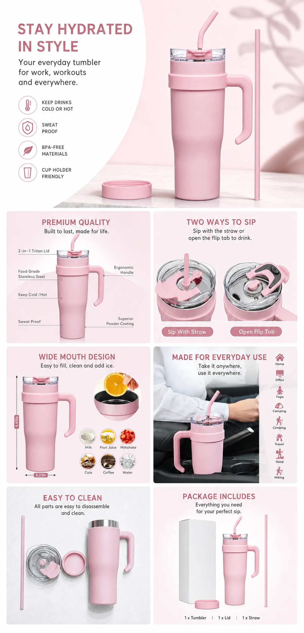 Pink Stainless Steel Tumbler with Handle and Straw｜AI Image Generation Prompts