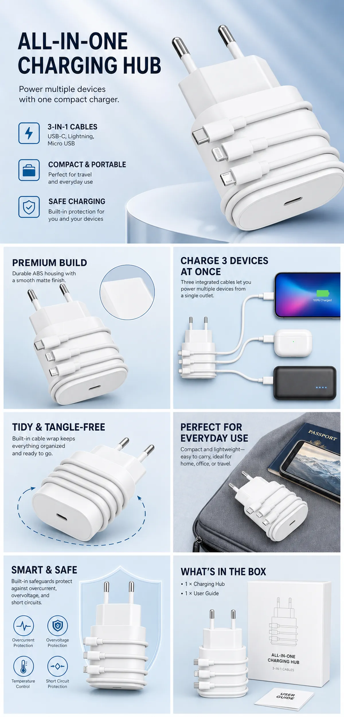 All-In-One Charging Hub with 3-in-1 Cables｜AI Image Generation Prompts