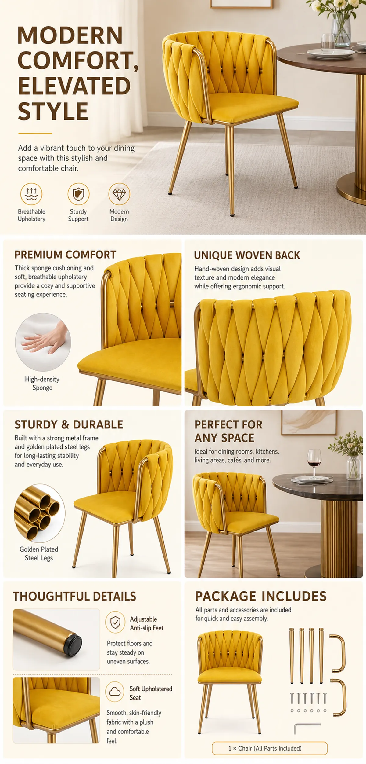 Modern Yellow Woven Back Dining Chair with Gold Legs｜AI Image Generation Prompts
