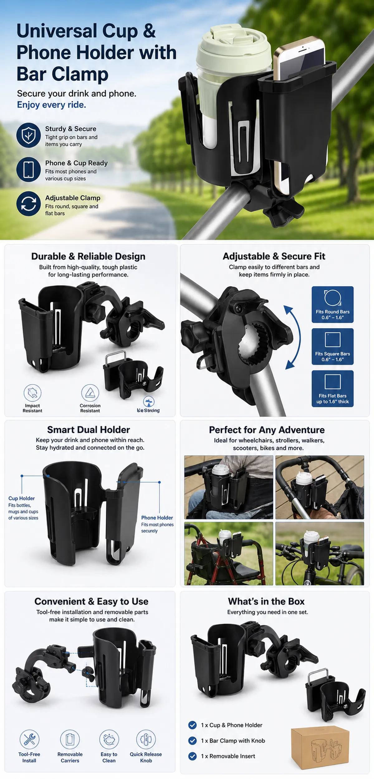 Universal Cup and Phone Holder with Adjustable Bar Clamp｜AI Image Generation Prompts