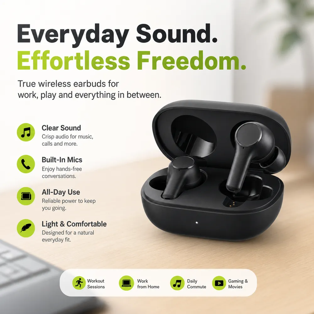 Black True Wireless Earbuds for Work and Play｜AI Image Generation Prompts