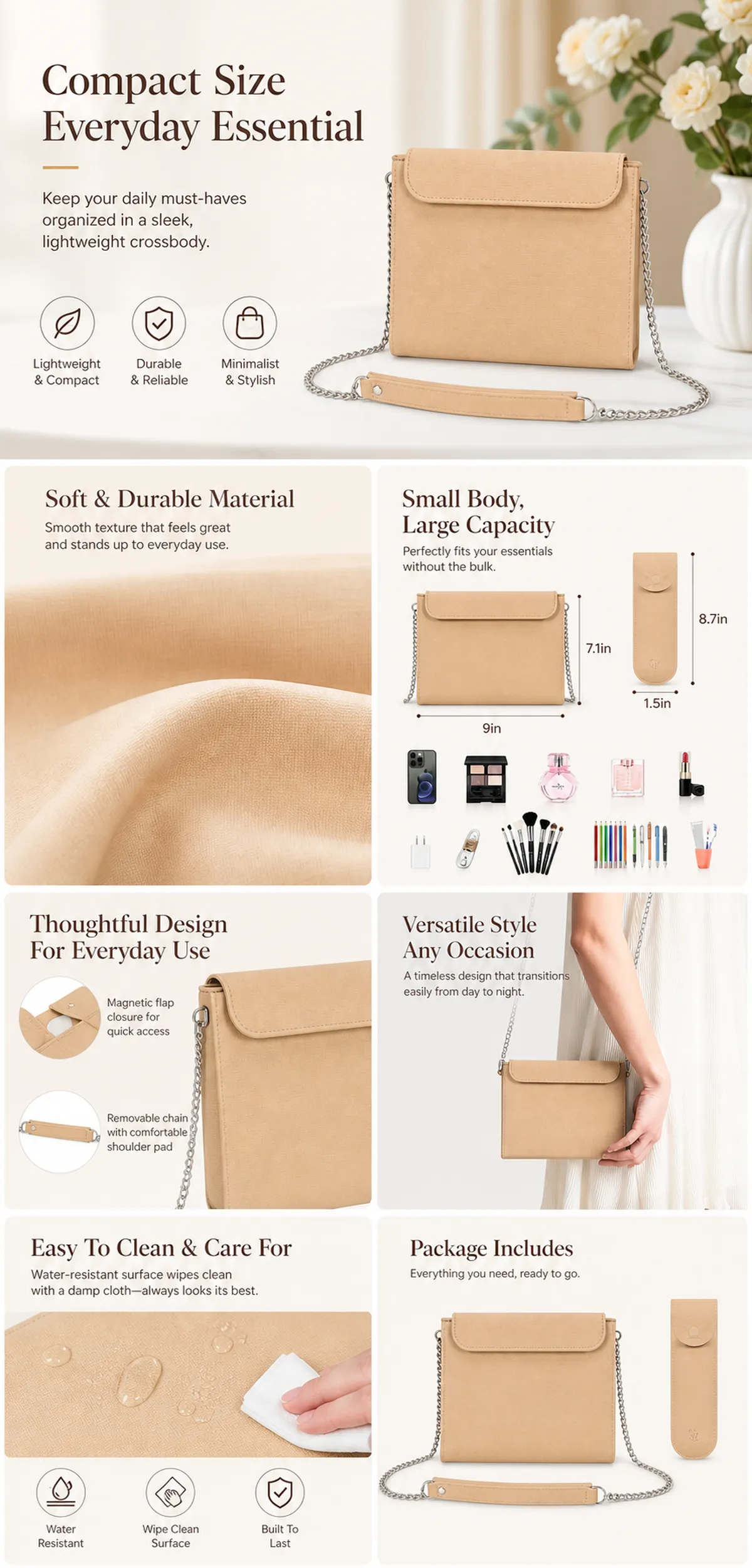 Compact Beige Crossbody Bag Features and Details｜AI Image Generation Prompts