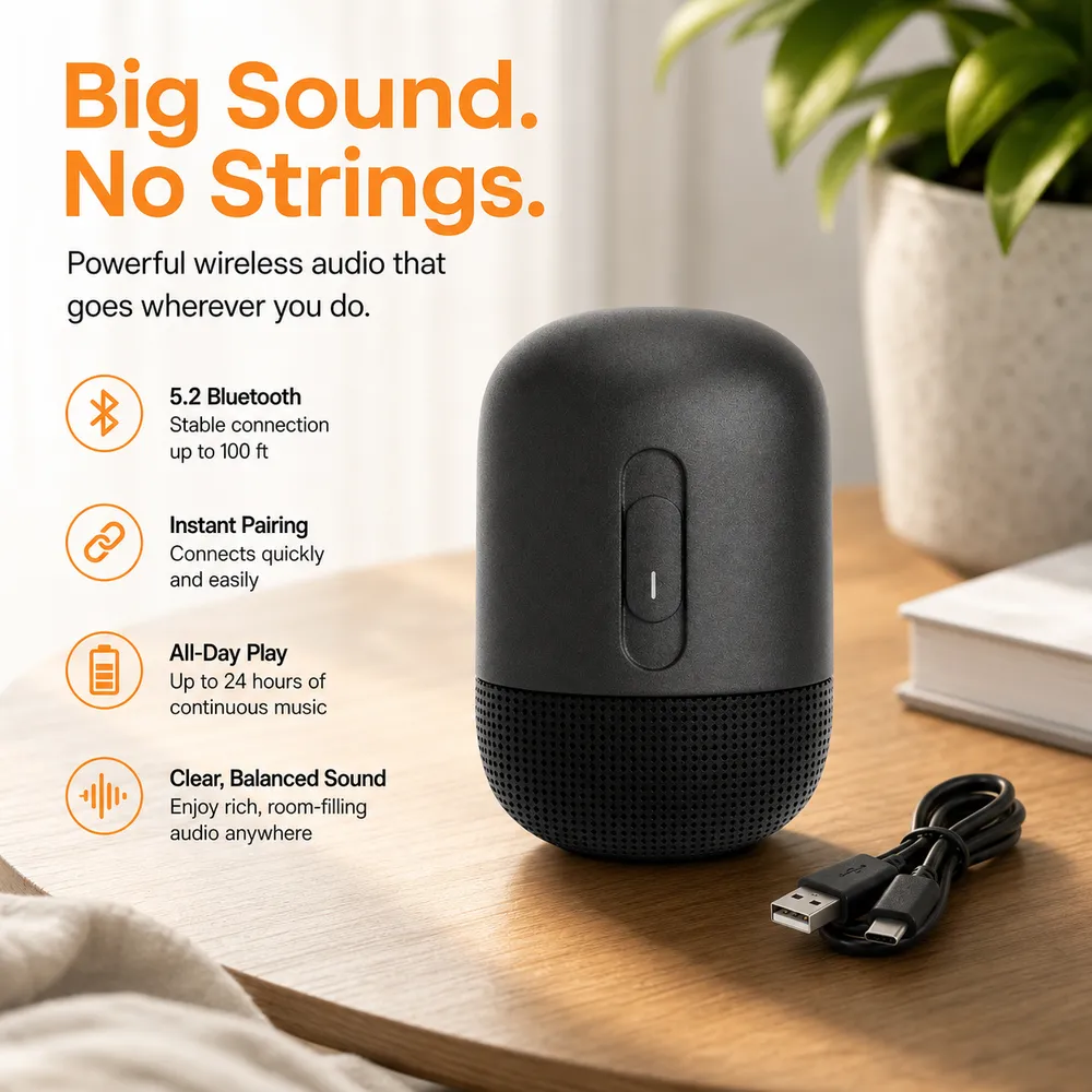 Black Wireless Bluetooth Speaker on Wooden Table｜AI Image Generation Prompts