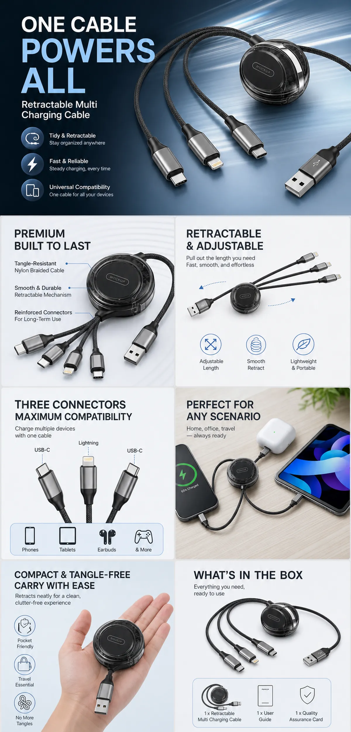 Retractable Multi Charging Cable with USB-C and Lightning｜AI Image Generation Prompts