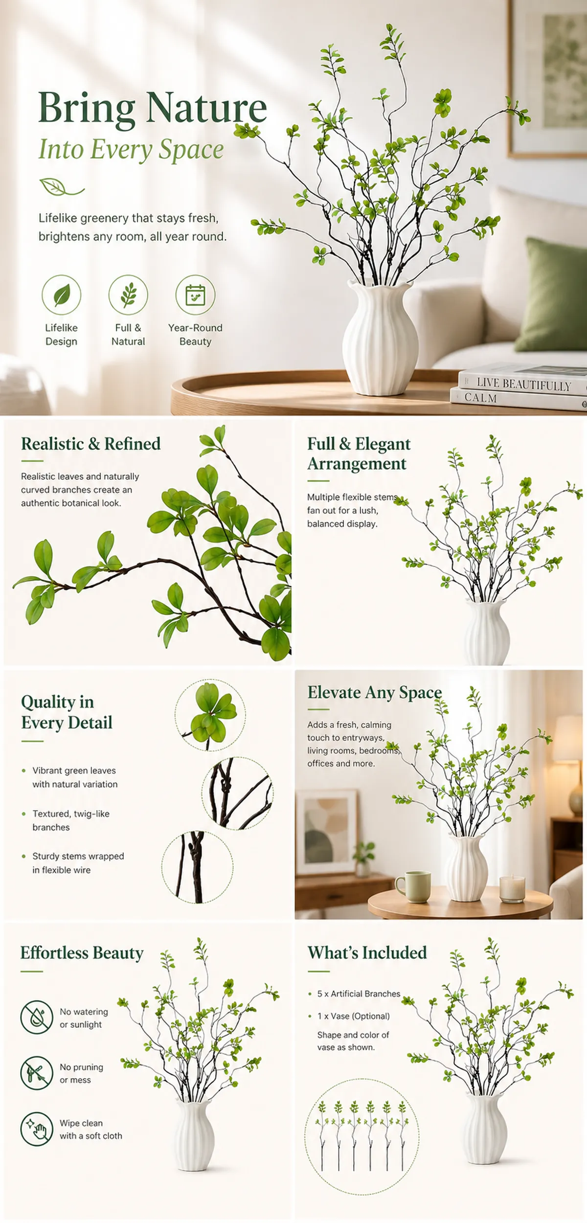 Lifelike Artificial Green Branches for Home Decor｜AI Image Generation Prompts