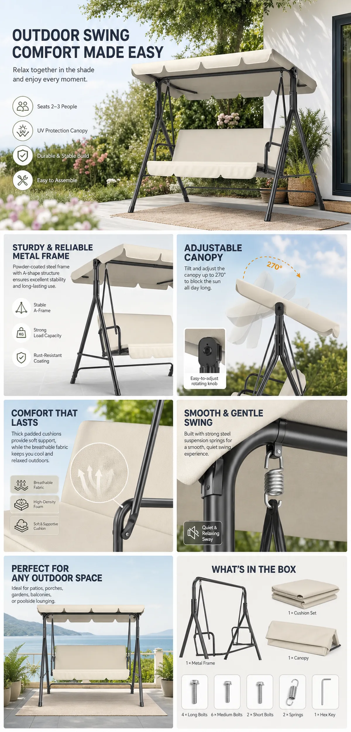 Outdoor Swing Bench with Adjustable Canopy｜AI Image Generation Prompts