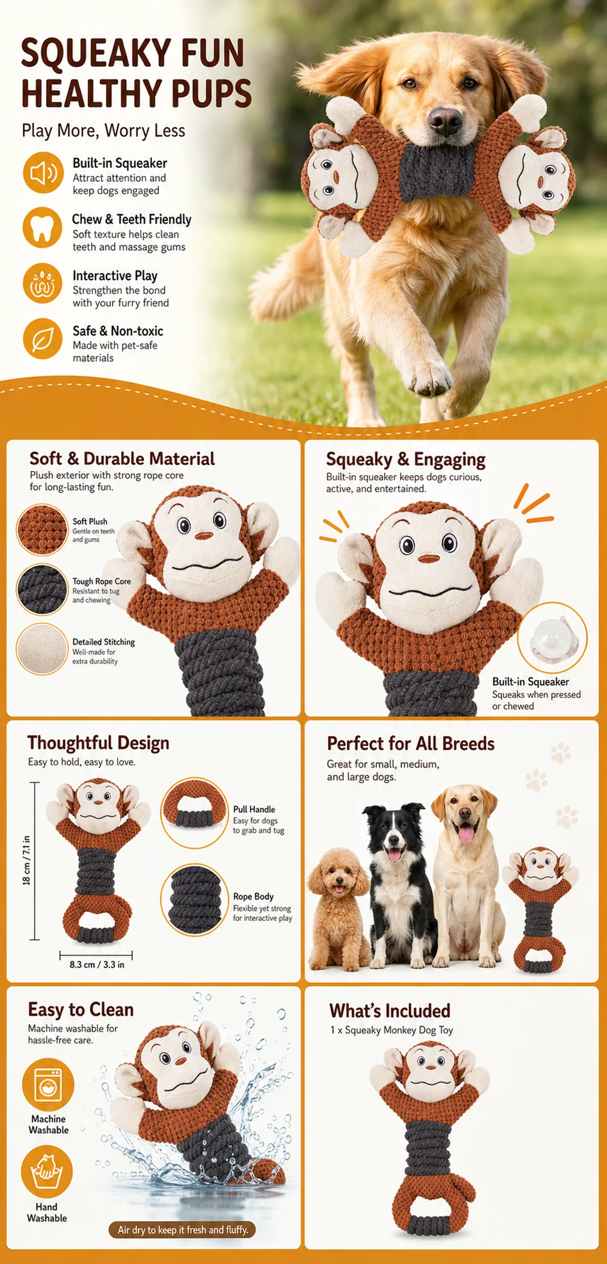 Squeaky Monkey Rope Dog Toy for Chewing and Play｜AI Image Generation Prompts