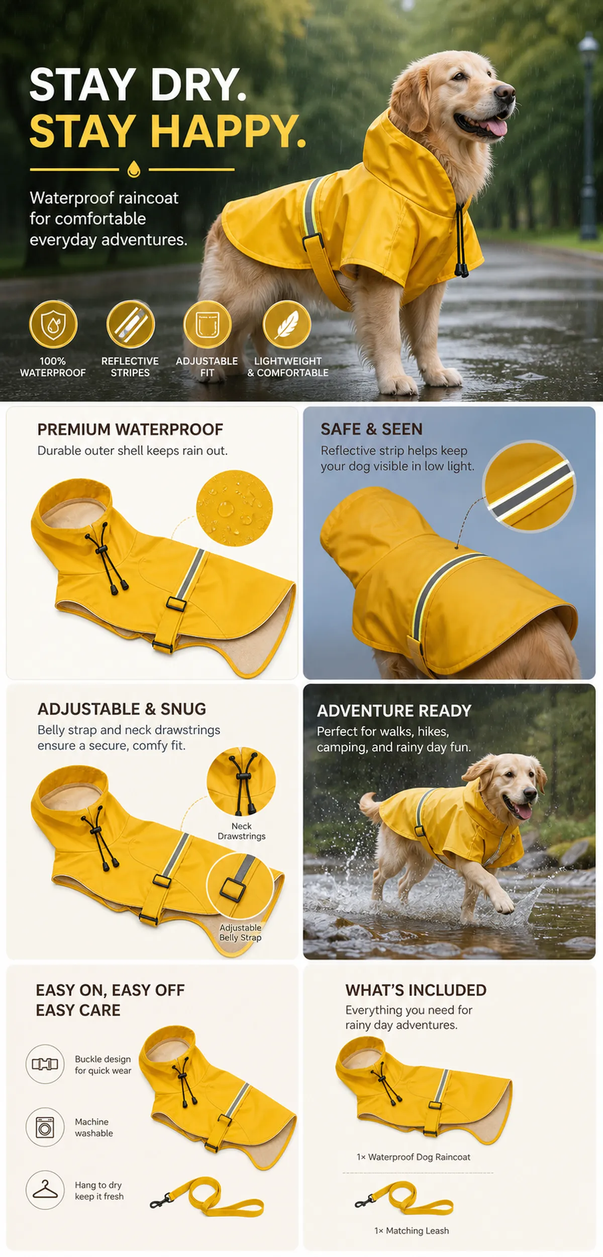 Yellow Waterproof Dog Raincoat with Reflective Stripes｜AI Image Generation Prompts