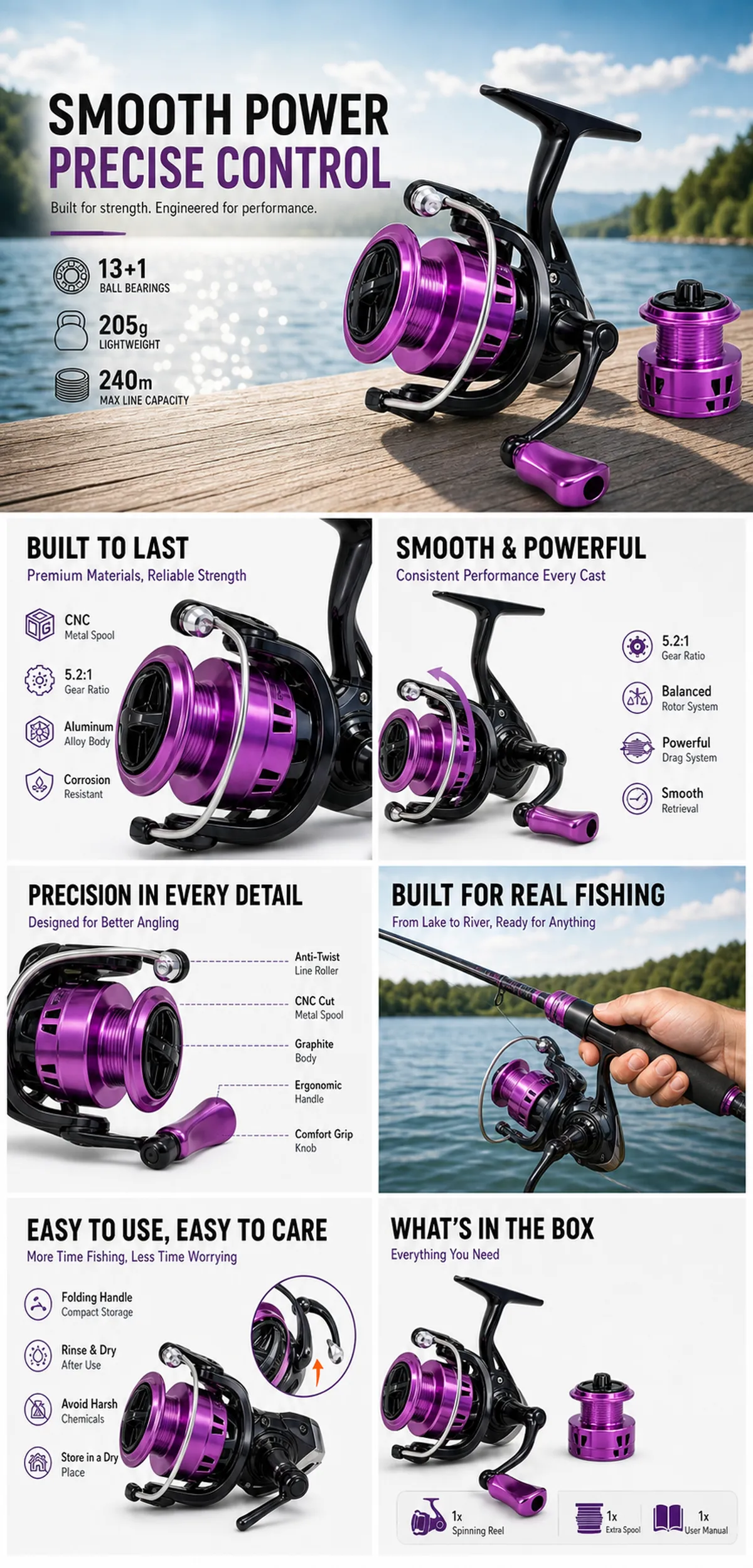 Purple Spinning Fishing Reel with CNC Metal Spool｜AI Image Generation Prompts