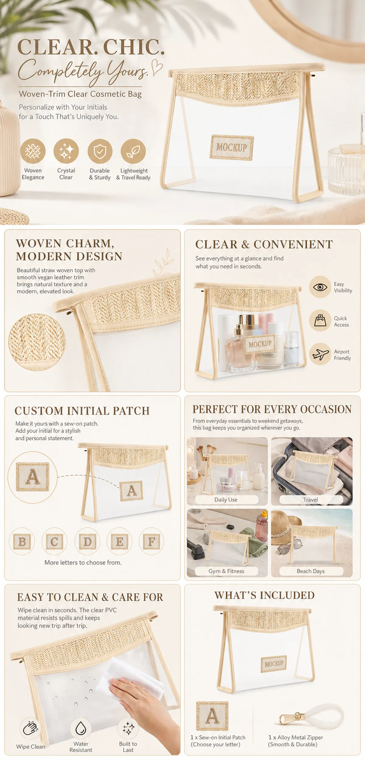 Woven-Trim Clear Cosmetic Bag with Custom Patch｜AI Image Generation Prompts