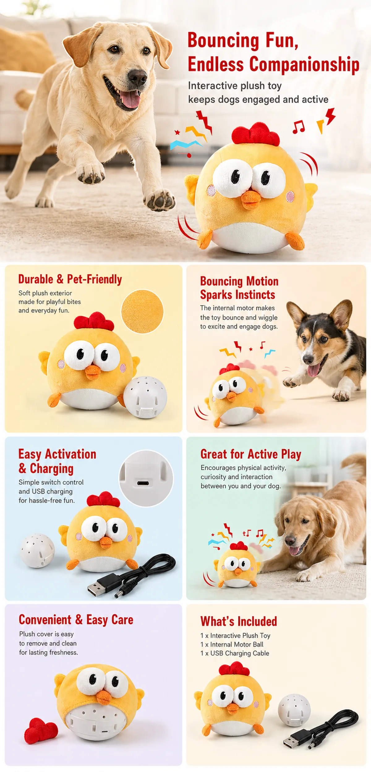 Interactive Bouncing Chick Plush Toy for Dogs｜AI Image Generation Prompts