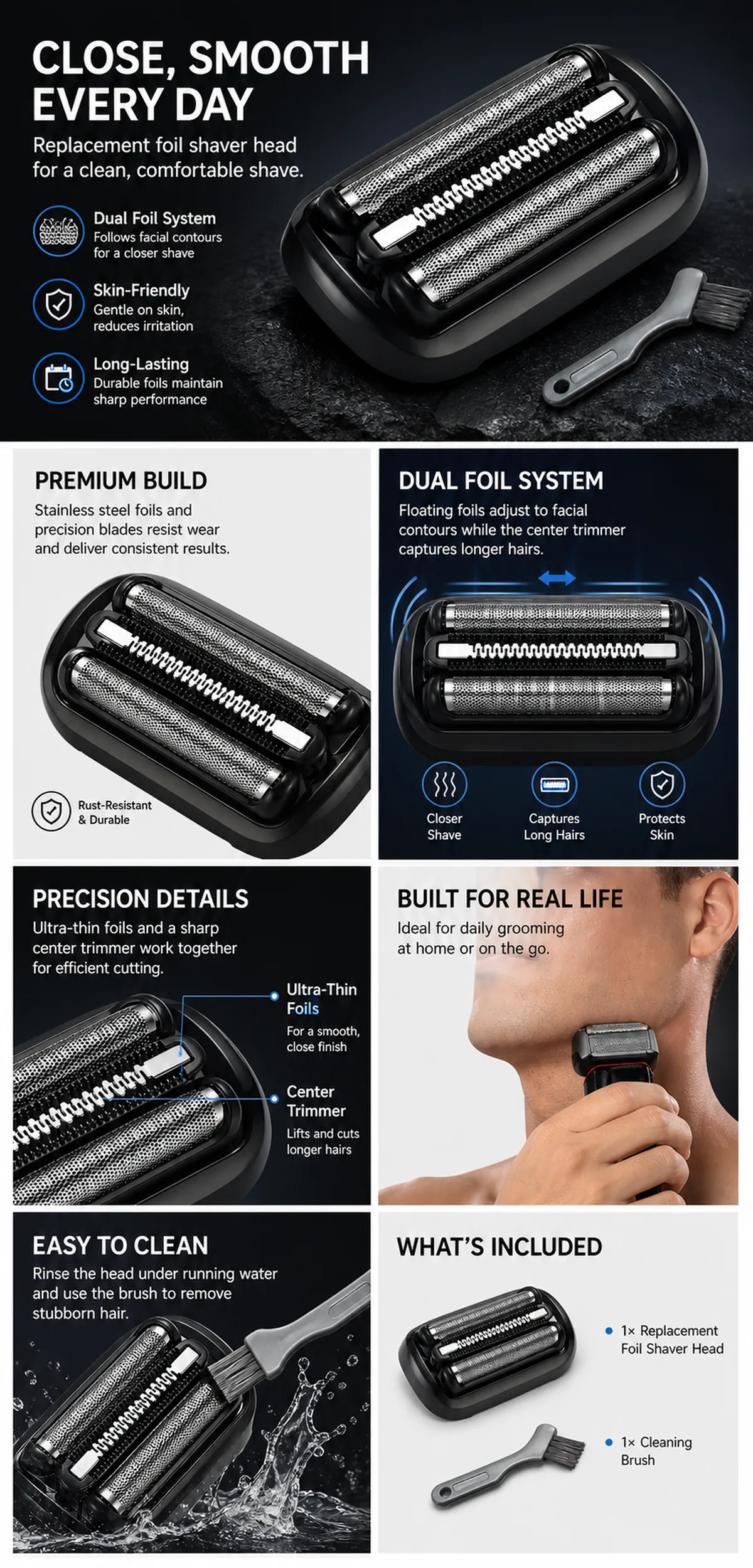 Dual Foil Replacement Shaver Head for Smooth Shaving｜AI Image Generation Prompts