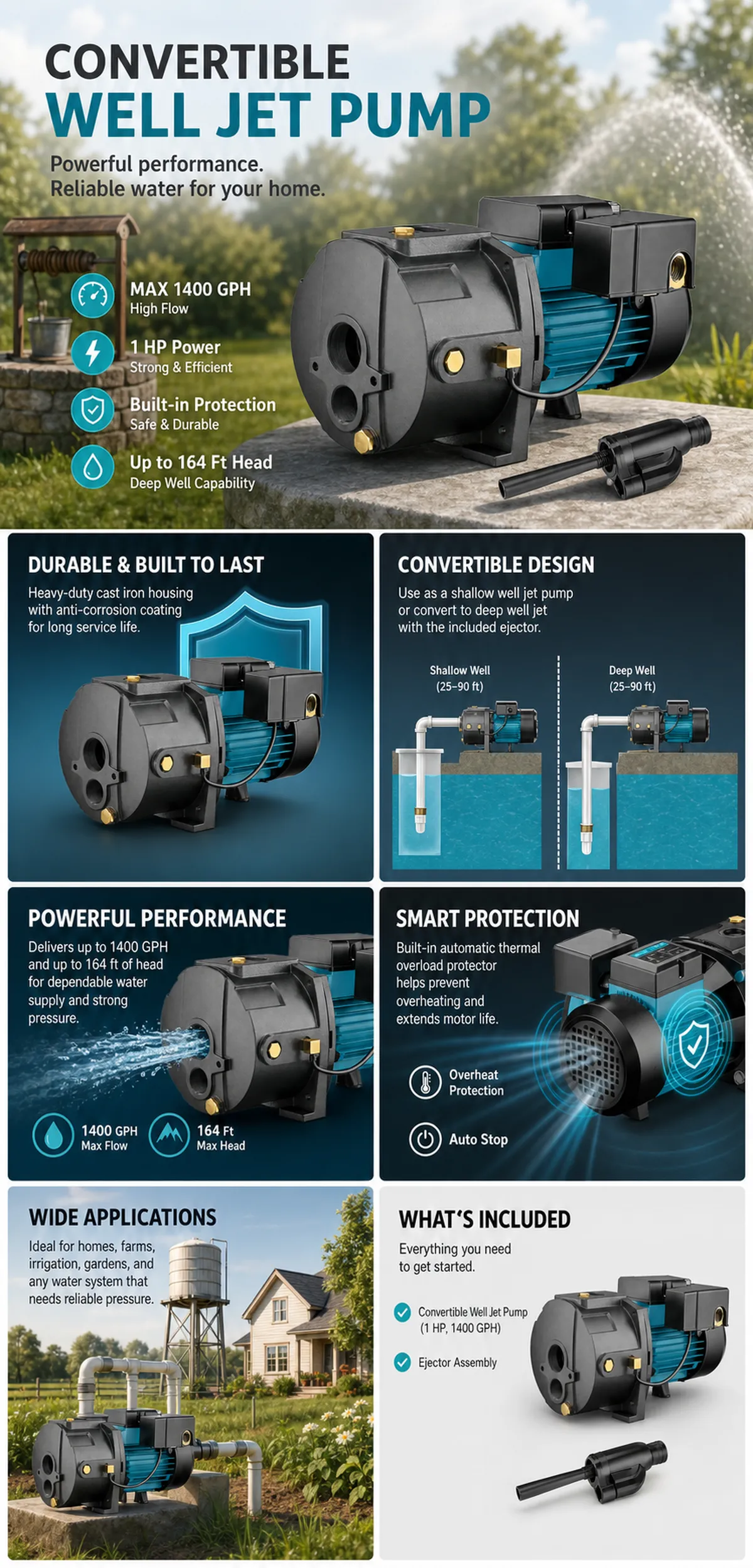 1 HP Convertible Well Jet Pump 1400 GPH｜AI Image Generation Prompts