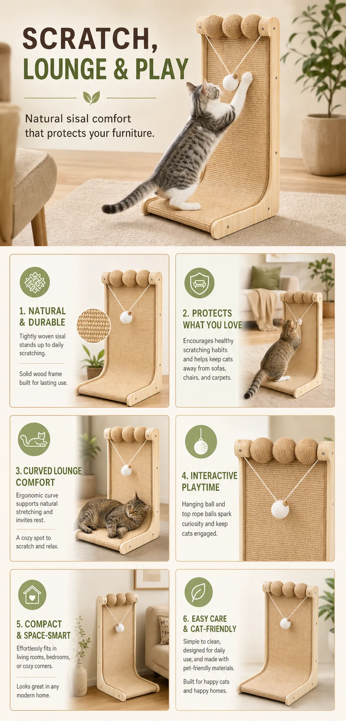 Natural Sisal Cat Scratching Post with Lounge and Toy｜AI Image Generation Prompts