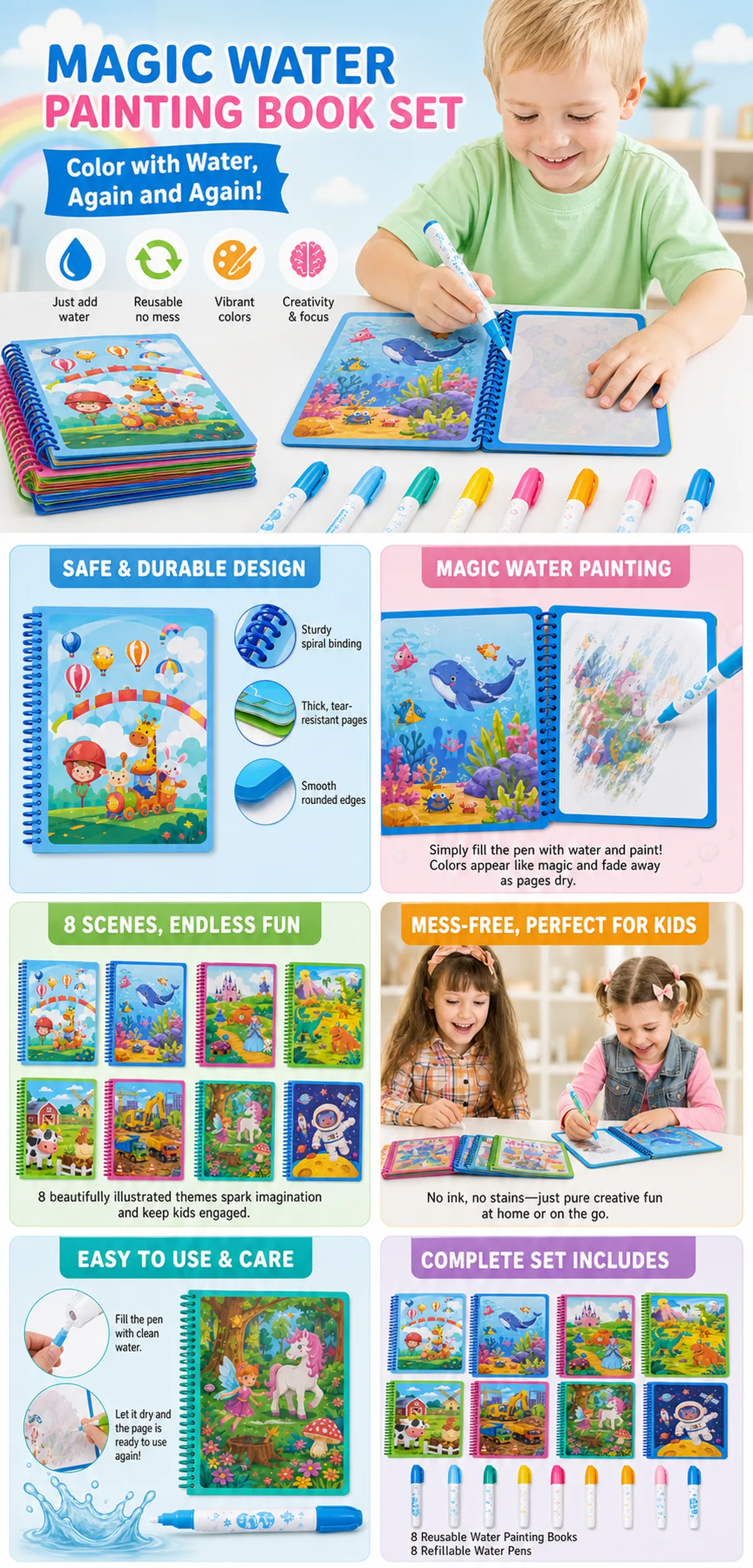 Magic Water Painting Book Set for Kids｜AI Image Generation Prompts