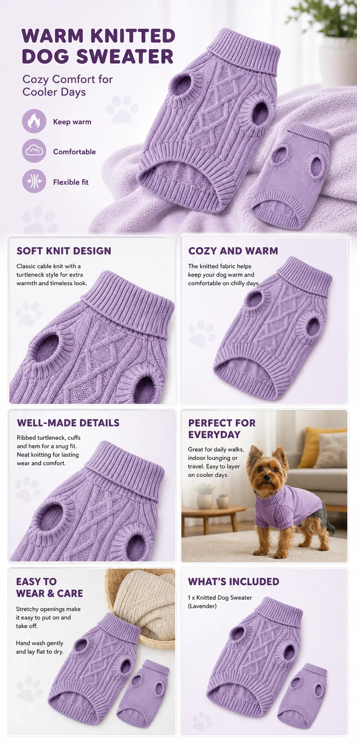 Warm Knitted Dog Sweater Lavender Cable Knit Design｜AI Image Generation Prompts