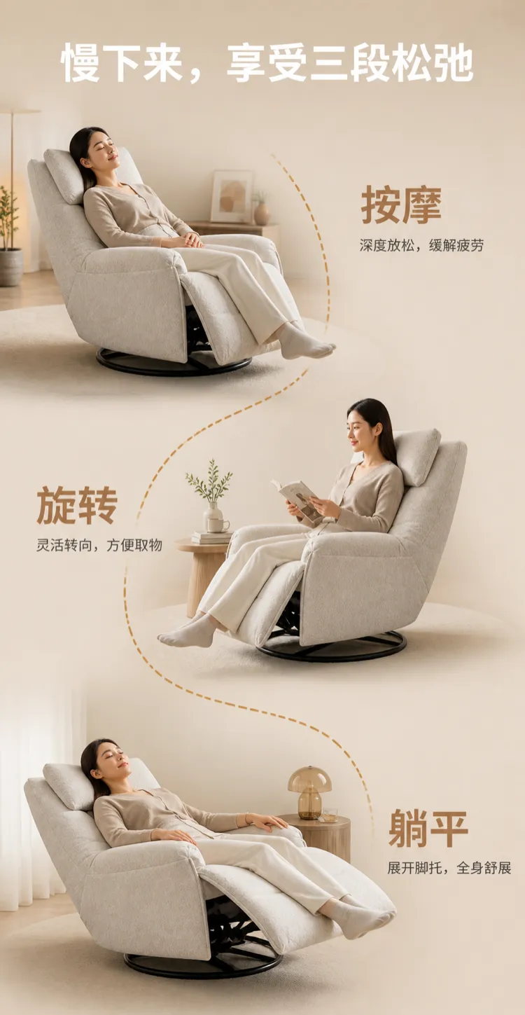 Woman relaxing in multi-functional recliner chair｜AI Image Generation Prompts
