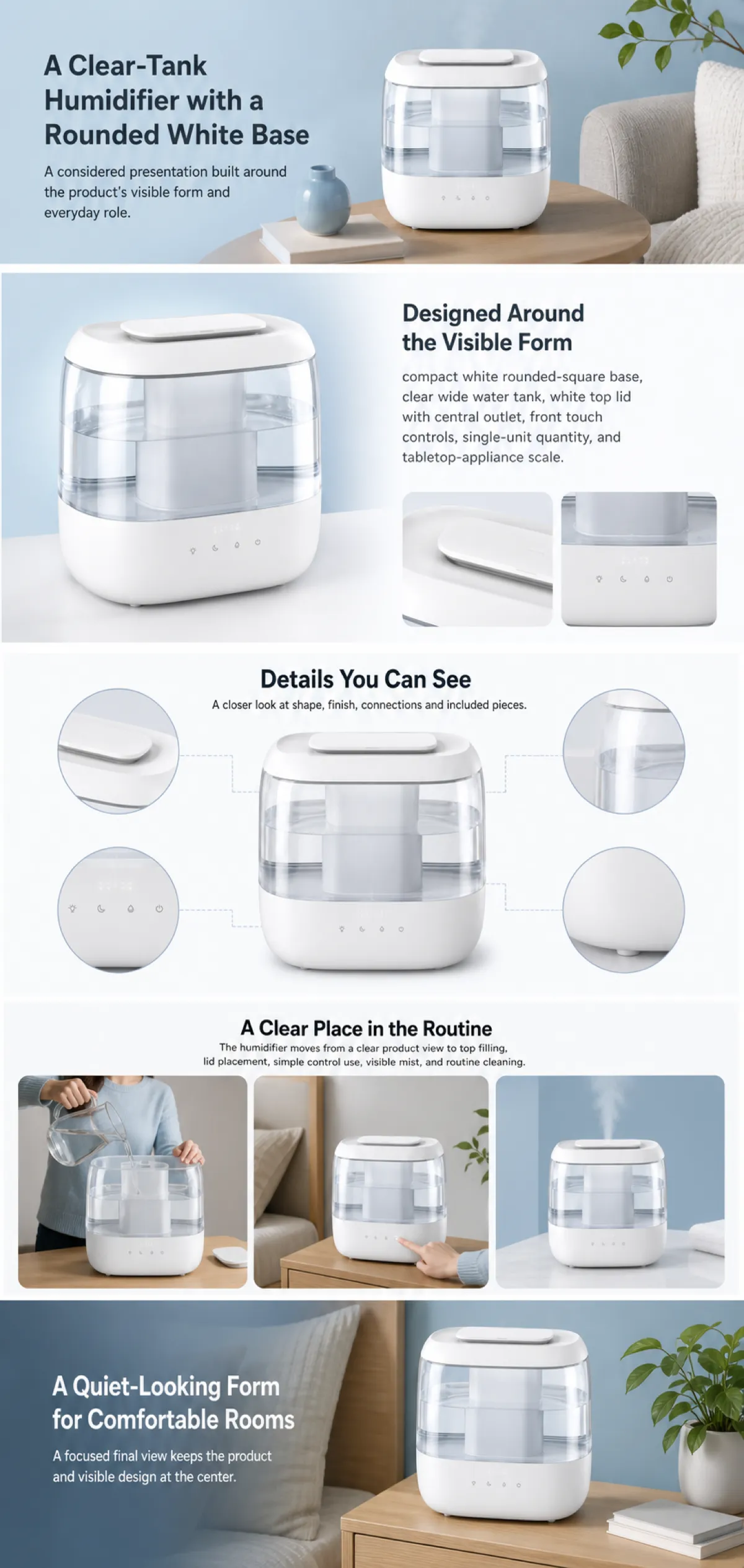 Clear Tank Humidifier with Rounded White Base Design｜AI Image Generation Prompts