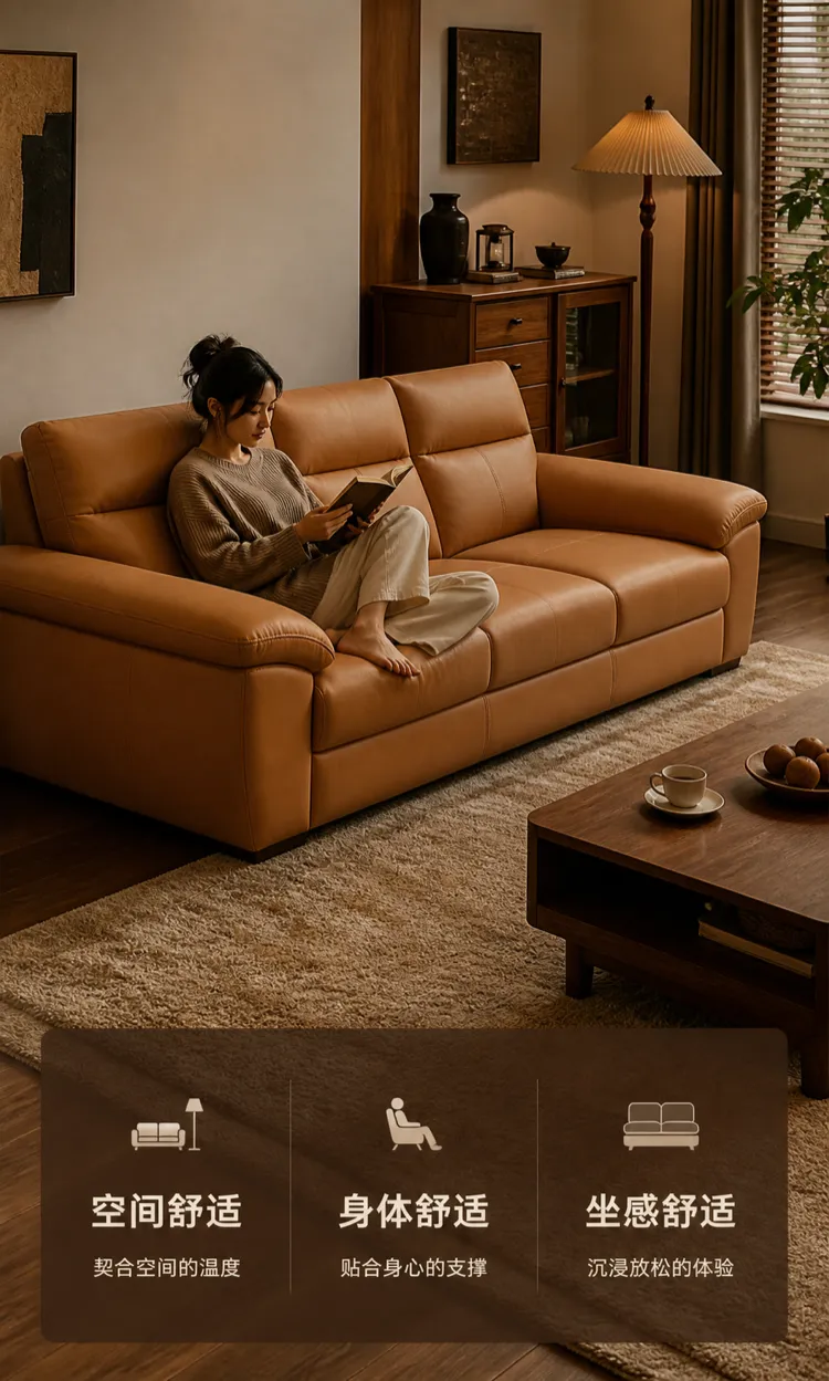 Woman reading a book on a comfortable brown leather sofa｜AI Image Generation Prompts