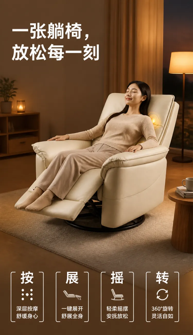 Woman relaxing in a comfortable beige recliner chair｜AI Image Generation Prompts