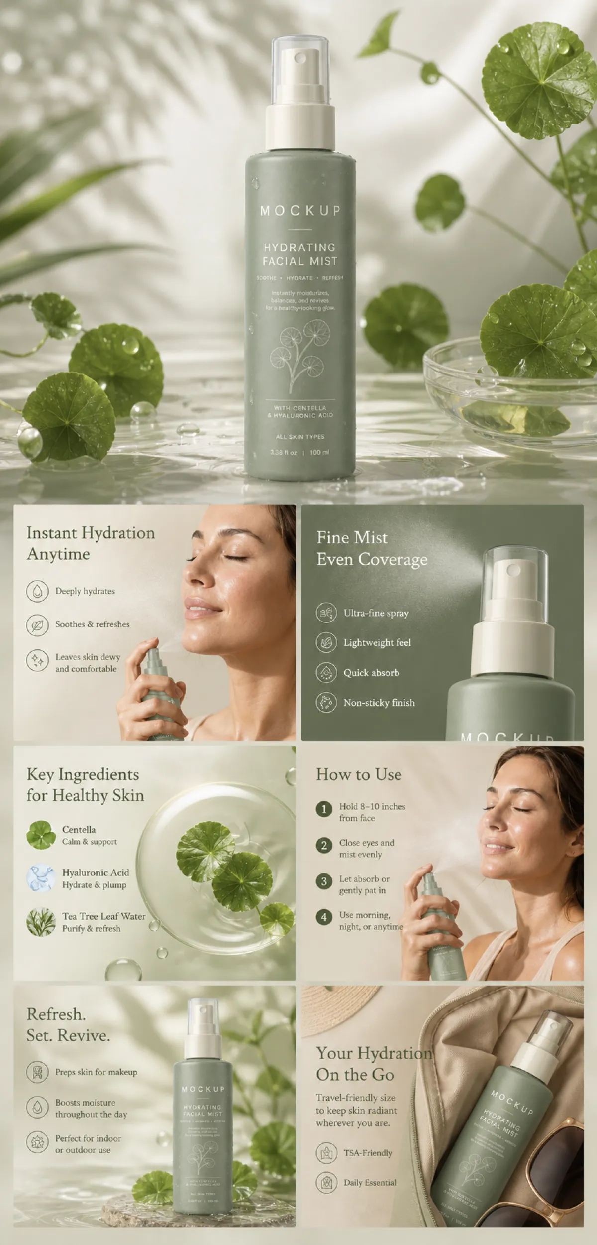 Hydrating Facial Mist Mockup with Centella Ingredients｜AI Image Generation Prompts