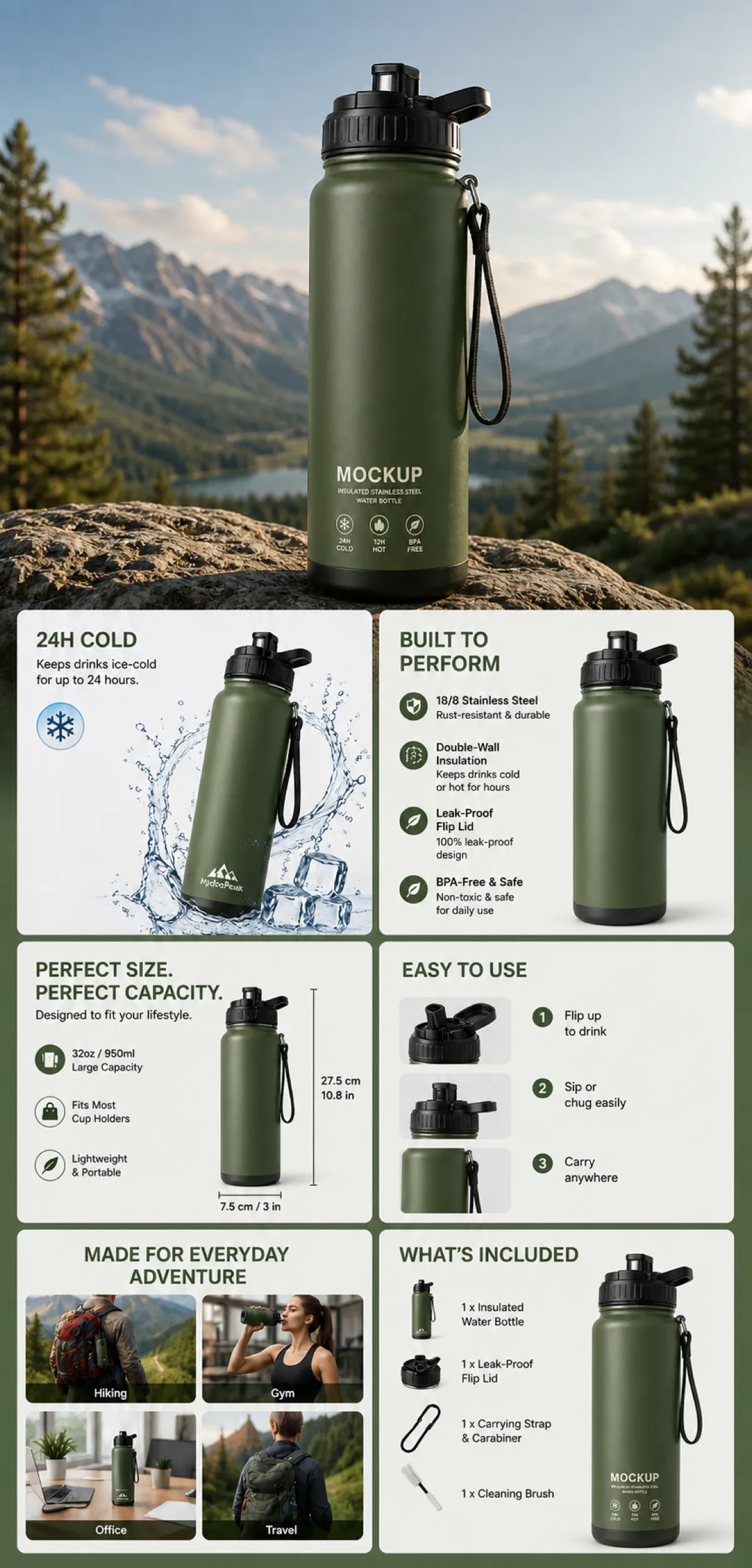 Green Insulated Stainless Steel Water Bottle Mockup｜AI Image Generation Prompts