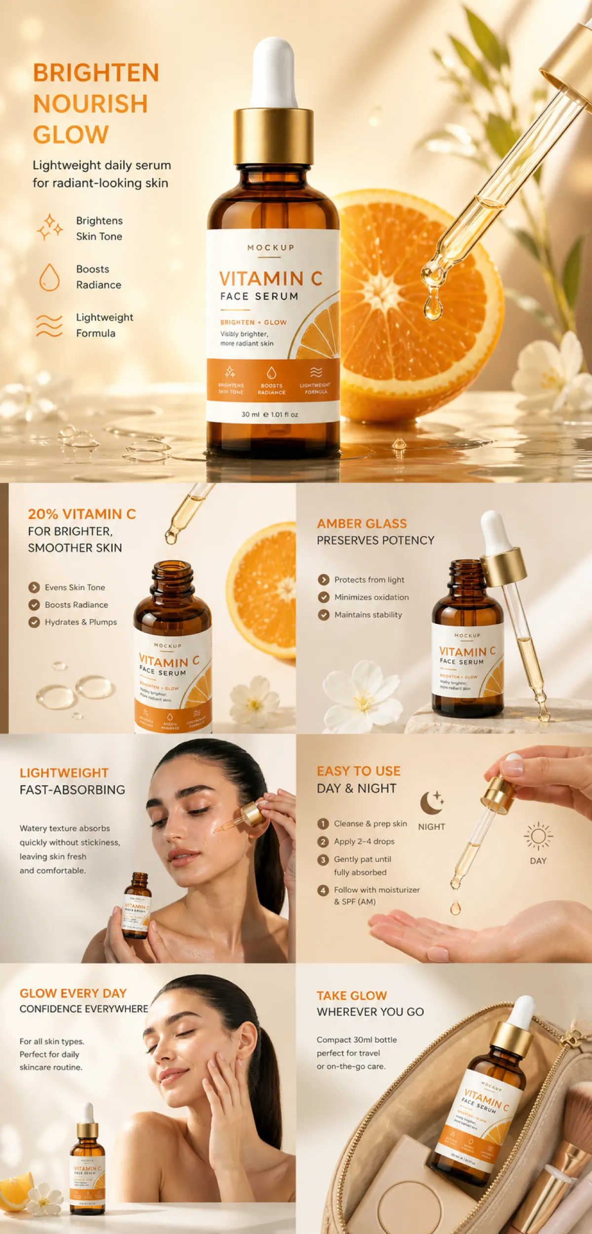Vitamin C Face Serum Mockup with Orange Slices｜AI Image Generation Prompts
