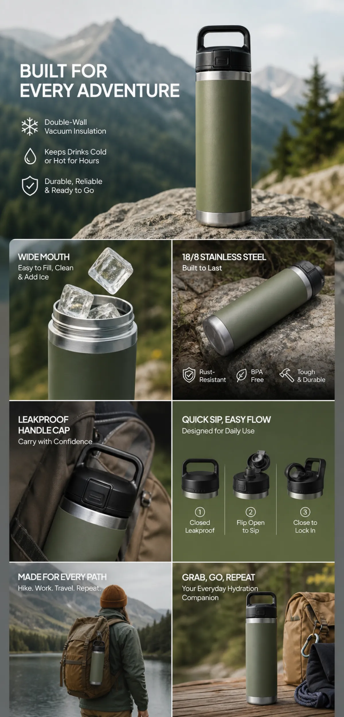 Green Stainless Steel Insulated Water Bottle Infographic｜AI Image Generation Prompts