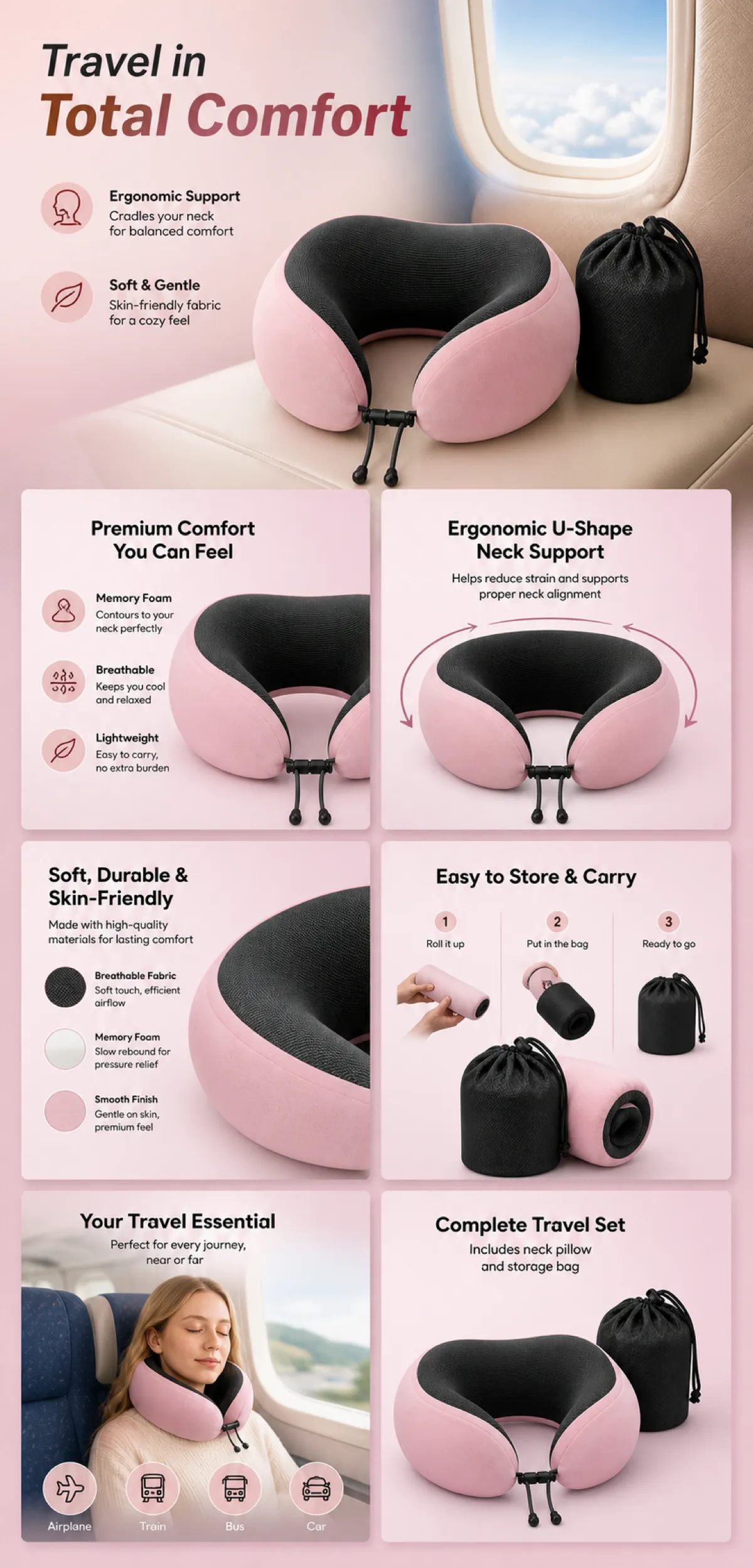Ergonomic U-Shape Memory Foam Travel Neck Pillow｜AI Image Generation Prompts