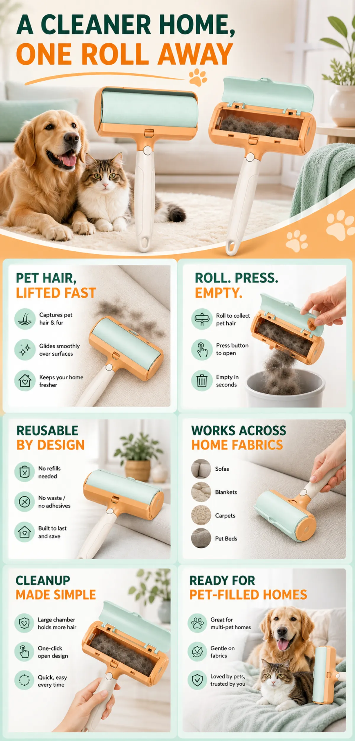 Reusable Pet Hair Remover Roller Usage Guide｜AI Image Generation Prompts