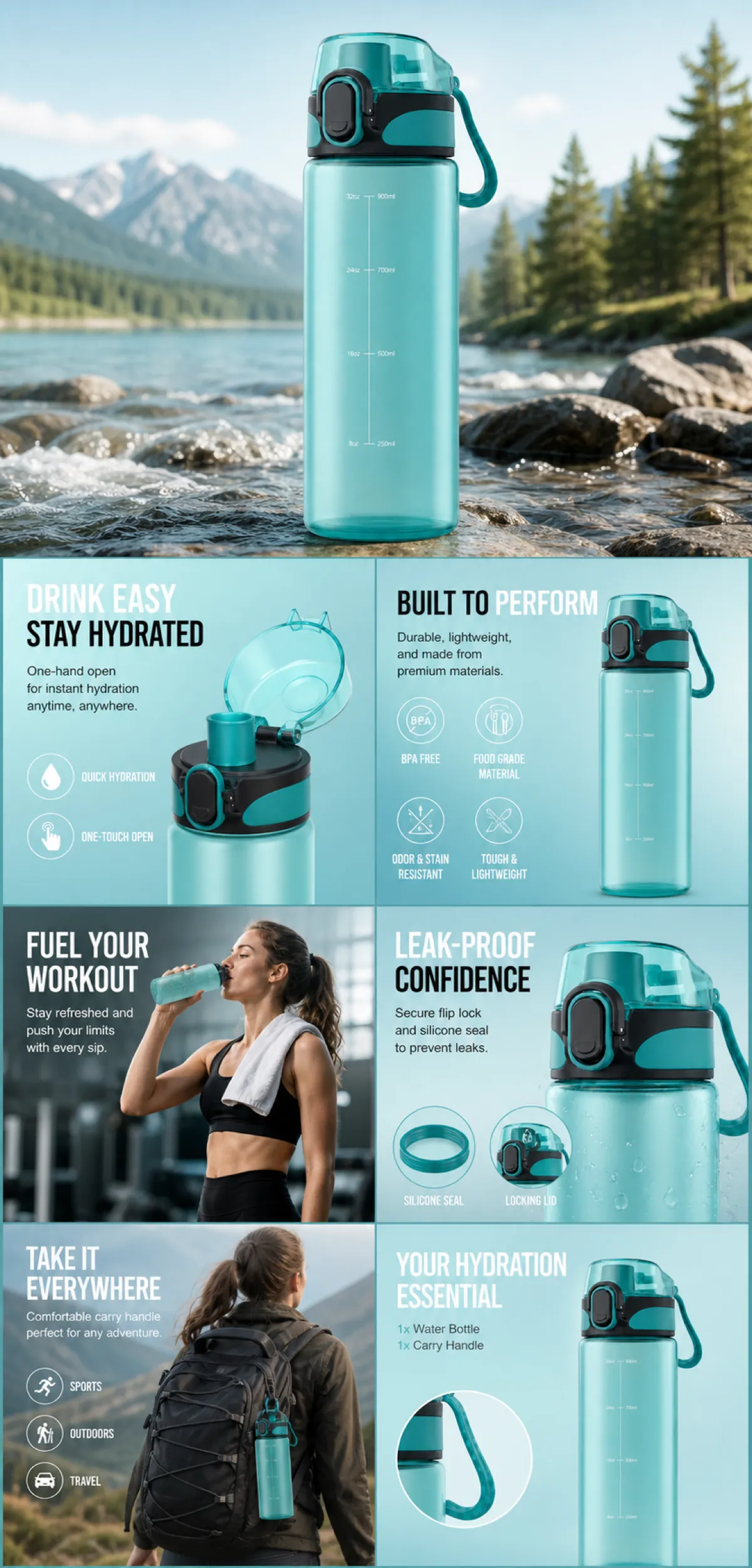 Teal Sports Water Bottle with Flip Lid and Carry Handle｜AI Image Generation Prompts