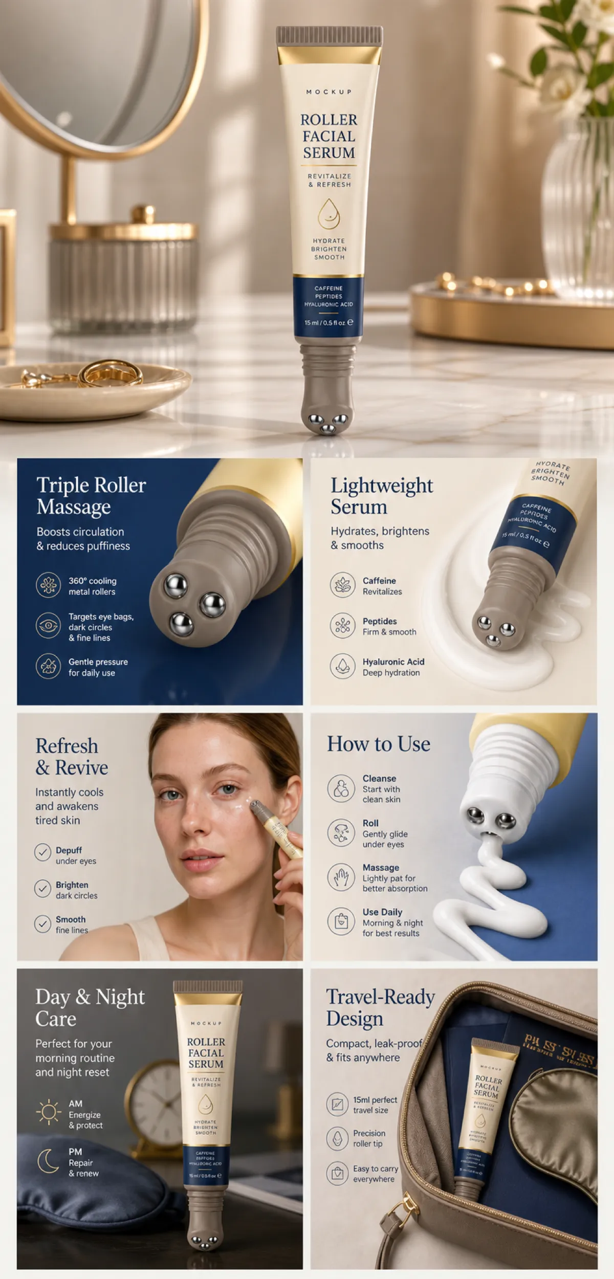 Roller Facial Serum Mockup and Features Infographic｜AI Image Generation Prompts