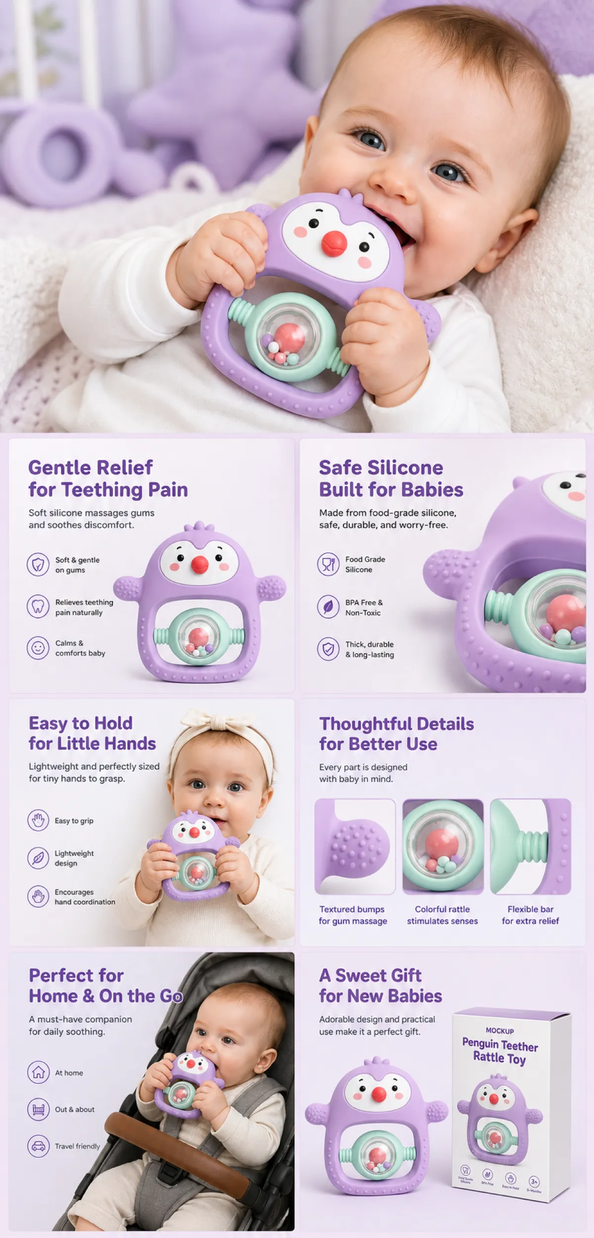 Purple Penguin Silicone Teether and Rattle Toy for Babies｜AI Image Generation Prompts