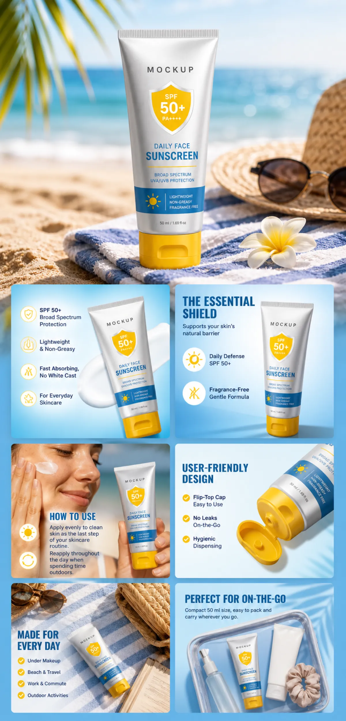 Daily Face Sunscreen SPF 50+ Tube Mockup on Beach｜AI Image Generation Prompts