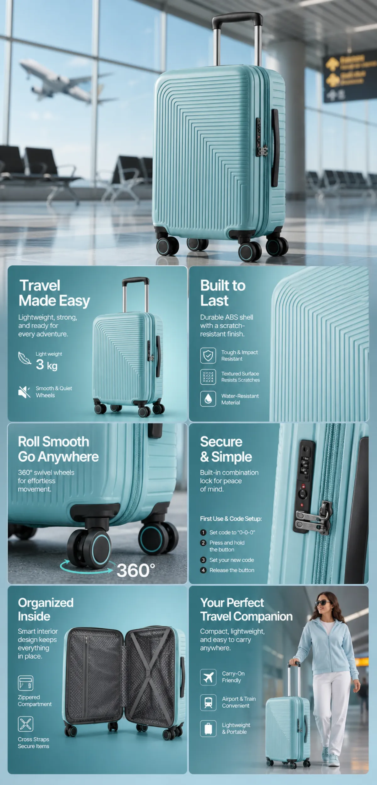 Light Blue Carry-On Suitcase Features and Benefits｜AI Image Generation Prompts