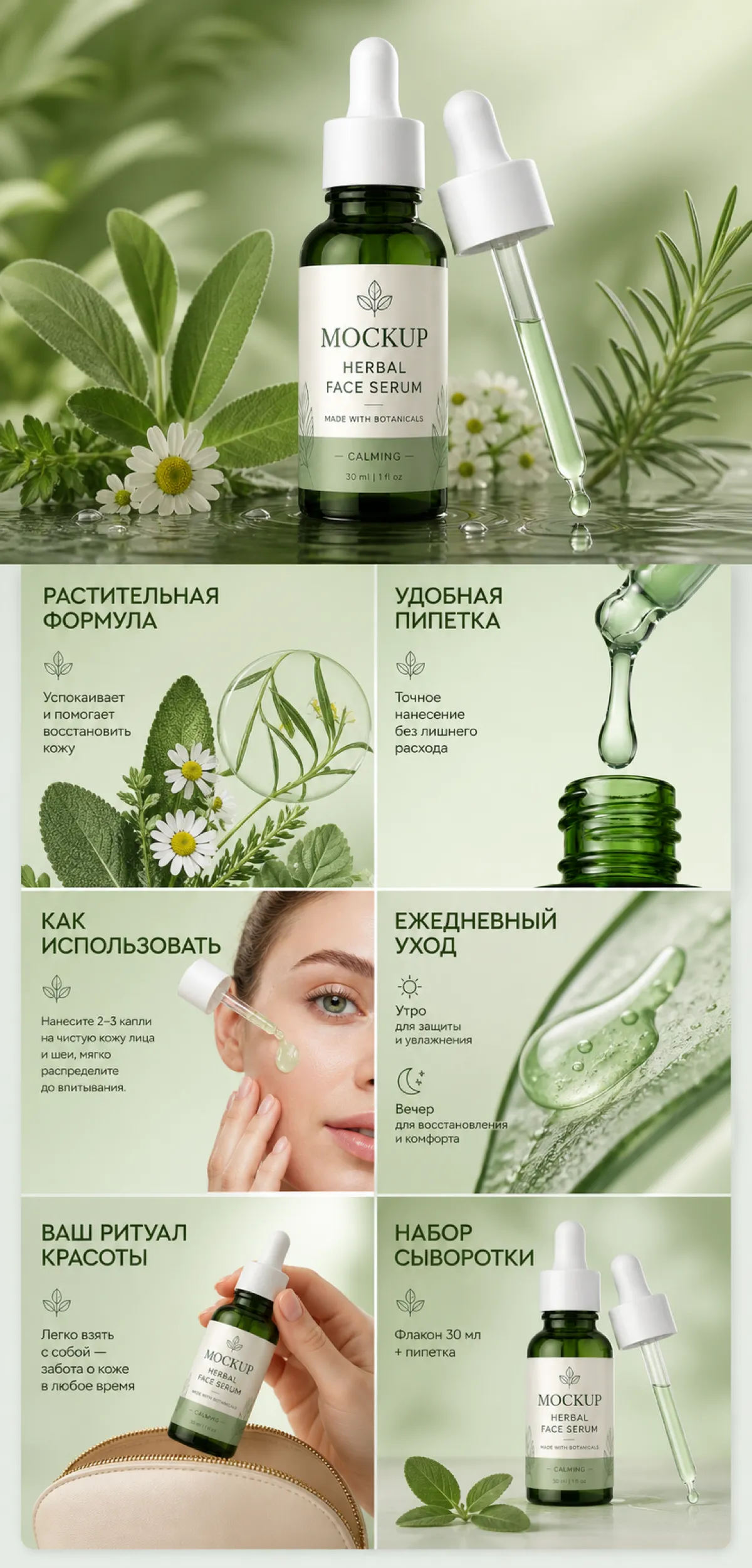 Herbal Face Serum Mockup with Dropper and Botanicals｜AI Image Generation Prompts