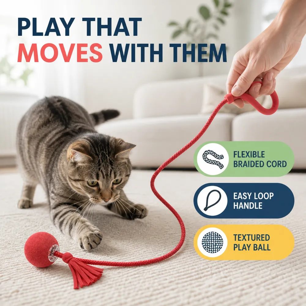 Cat playing with interactive red rope toy｜AI Image Generation Prompts